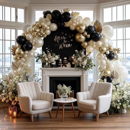 Miniatura 8 de Guirnalda de globos de oro blanco y negro, doble relleno, globos de color arena perla, champán, crema, beige, kit de arco de globos para Año Nuevo,