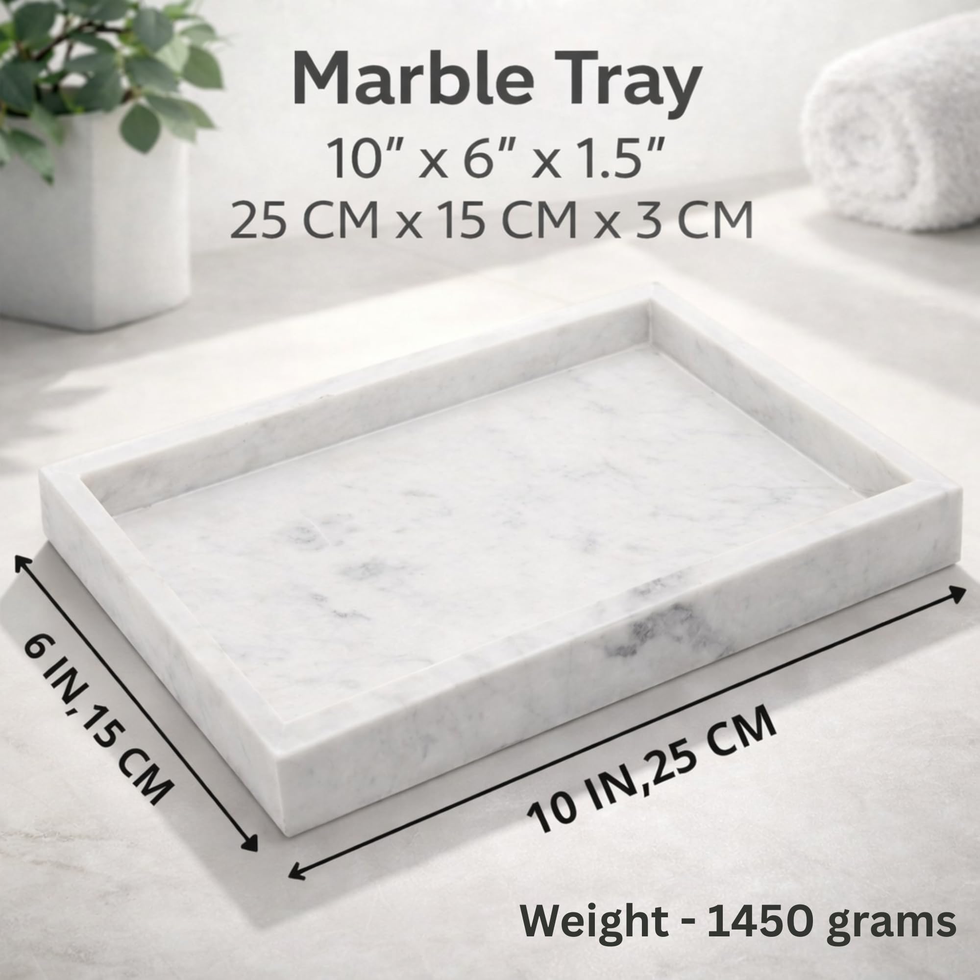 KC KULLICRAFT Natural White Marble Tray, 10"×6" Medium