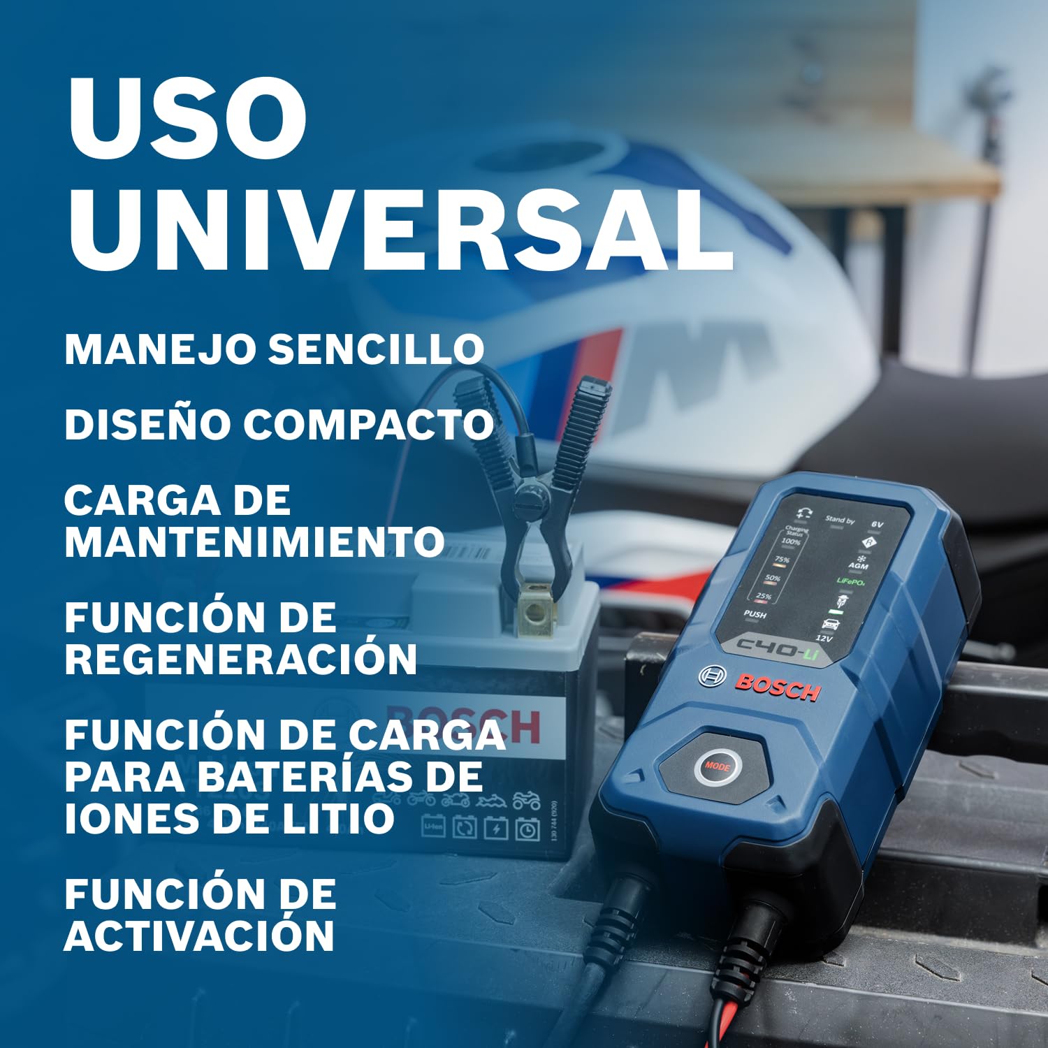 Bosch Cargador de Batería para Coche C40-Li, 5 Amperios, con Función de Carga Continua - para Baterías de Plomo-ácido, AGM, EFB y SLI de 6V/12V, y de Litio (LiFePO) de 12V