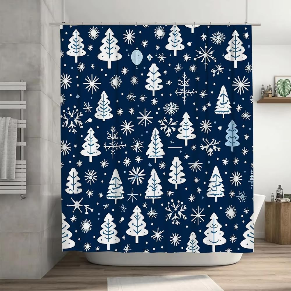 Cortina de Ducha con Estampado de Árboles de Navidad,Azul Marino y Blanco con Copos de Nieve,Fácil de Instalar y Lavable A Máquina,200An X 200Al Cm (1 Paneles).