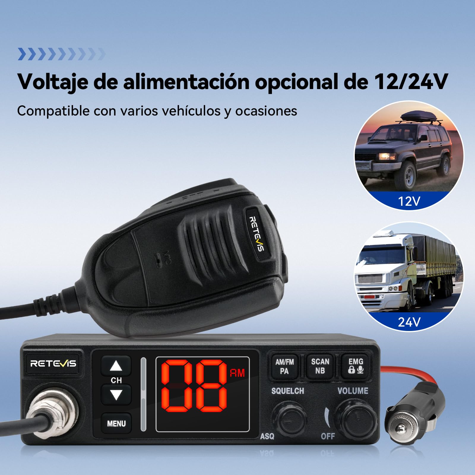 ‌Retevis MB63A Radio CB, Emisora CB Am/FM con Filtro de Ruido (NB/ANL), Sistema de Refrigeración, Enchufe de Mechero, Compatible 12V/24V, Megafonía, VOX, Emergencia CH9 para Camiones