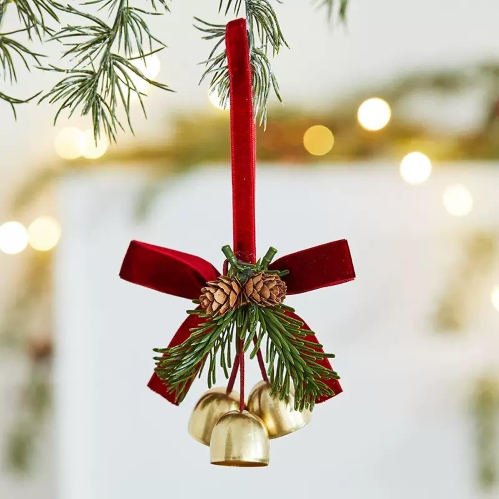 Bell Pendant, red Velvet Bow, Pine Cone Scene Decoration, car Hanging Door Decoration [2-Pack]