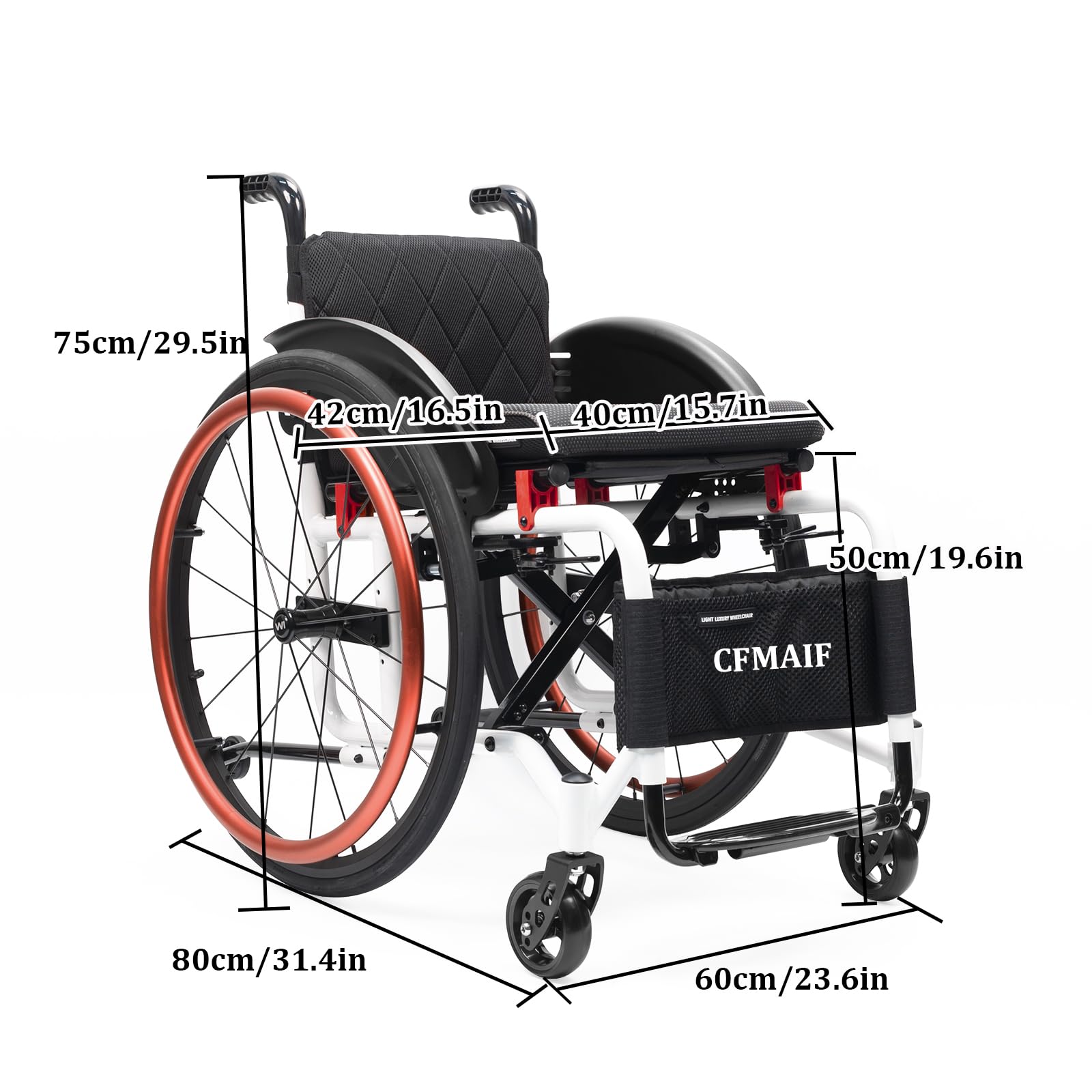 Tranzytowy wózek inwalidzki, aluminiowy, składany, samobieżny, hamulec ręczny, wyściełane siedzisko, dla osób niepełnosprawnych (40 cm, złoty