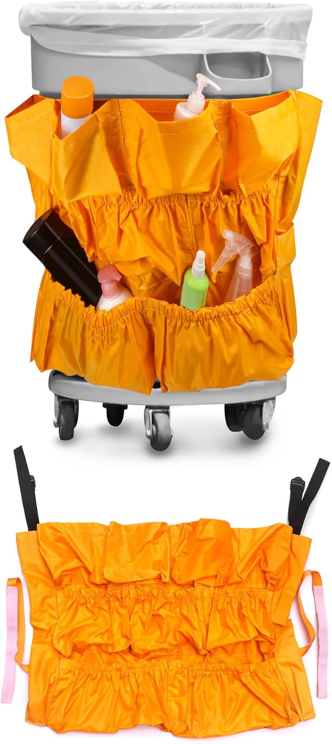 QWORK Trash Can Caddy Bag, 2 Pack 10 Pockets Commercial Cleaning Caddy Bag, Fit 32-50 Gallon Can, Round Trash Bag Holder, Garbage Bin Caddy Organizer, Yellow