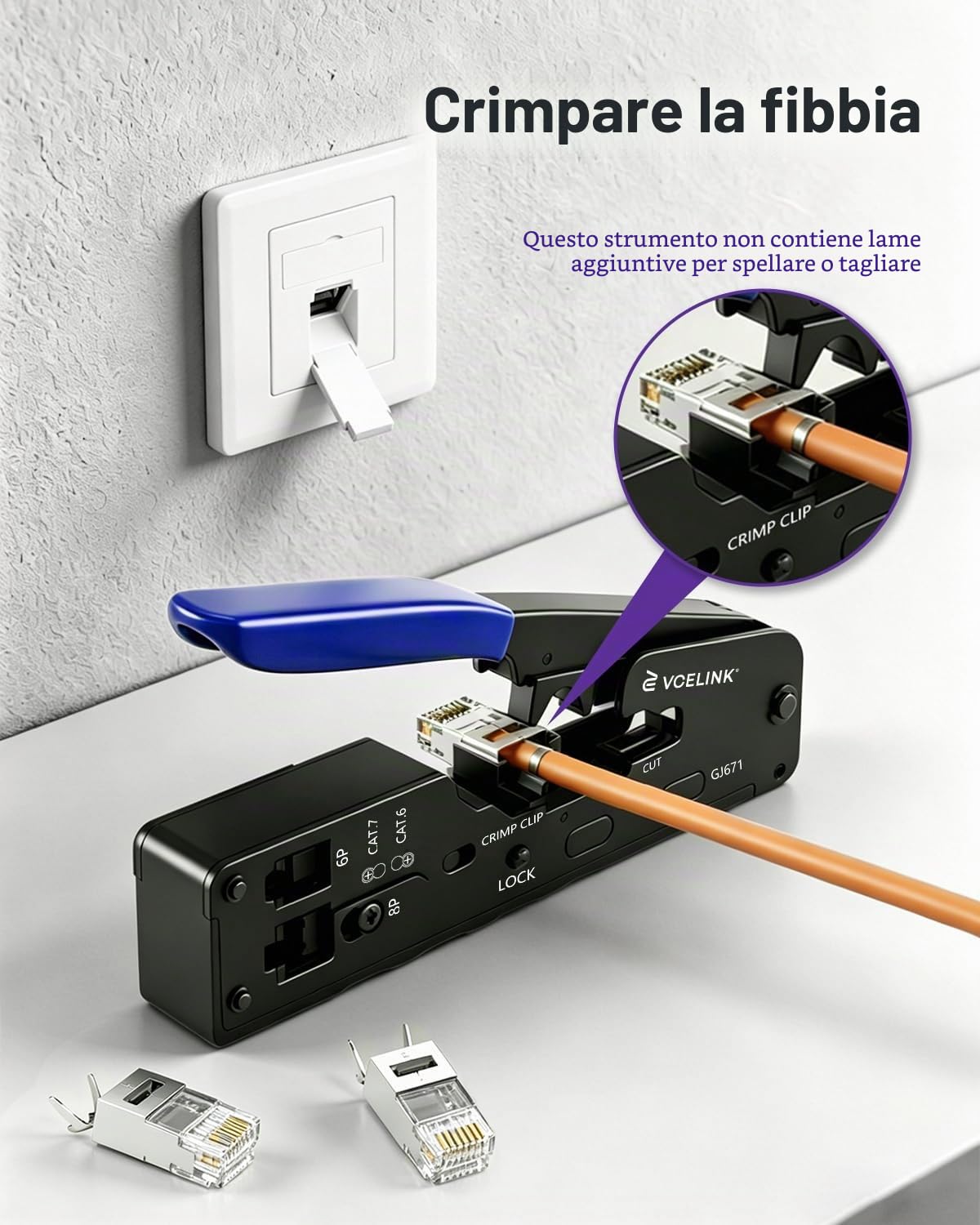 VCELINK GJ671BL Pinza Crimpatrice Professionale per Connettori RJ45, RJ12 e RJ11 con Connettori RJ45 Passante Cat7,Cat6A
