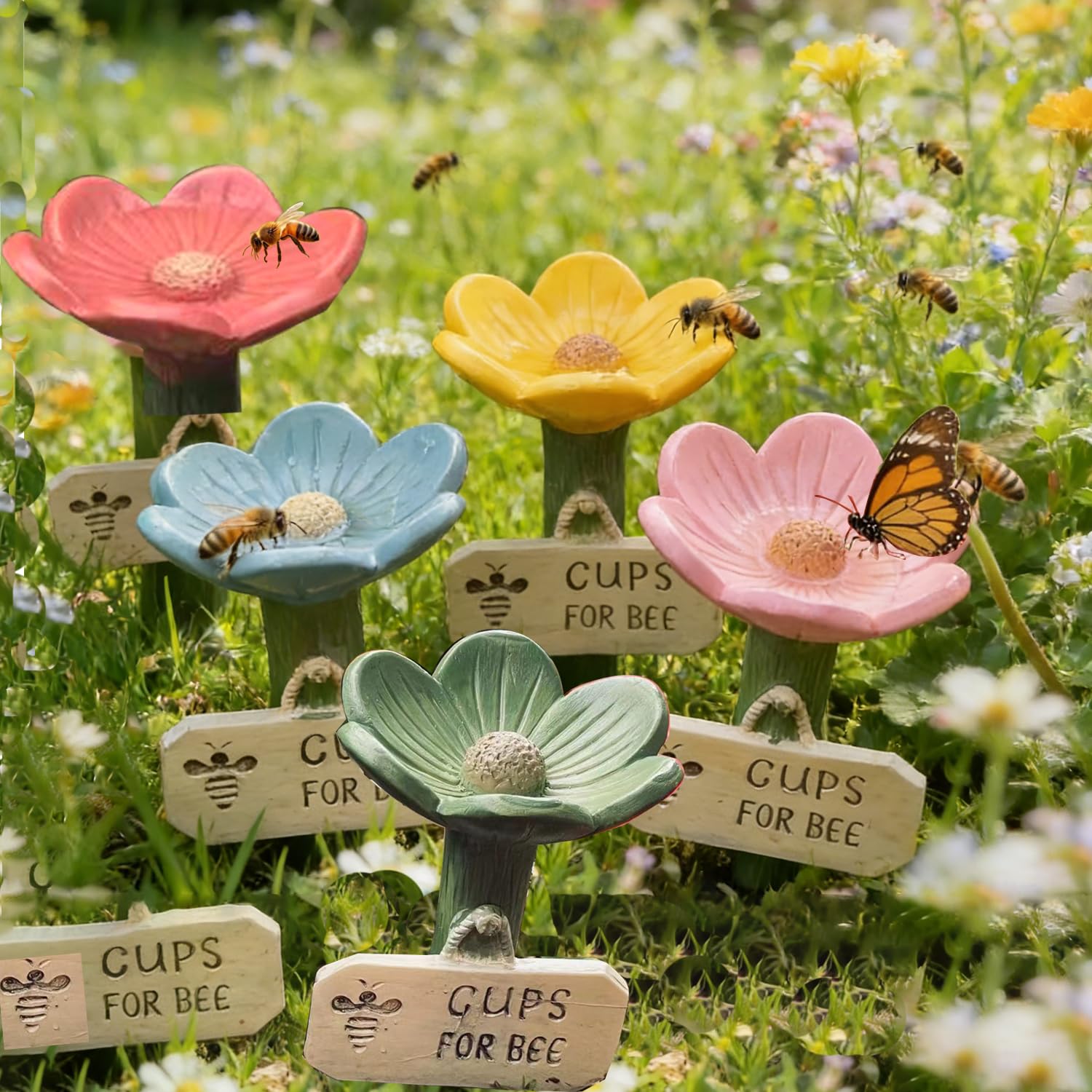 5 Set bee Watering Station for Garden with Stake bee Butterfly Flower-Shaped Watering Cups bee Blossoms for Water Ceramic (5 Color Set)