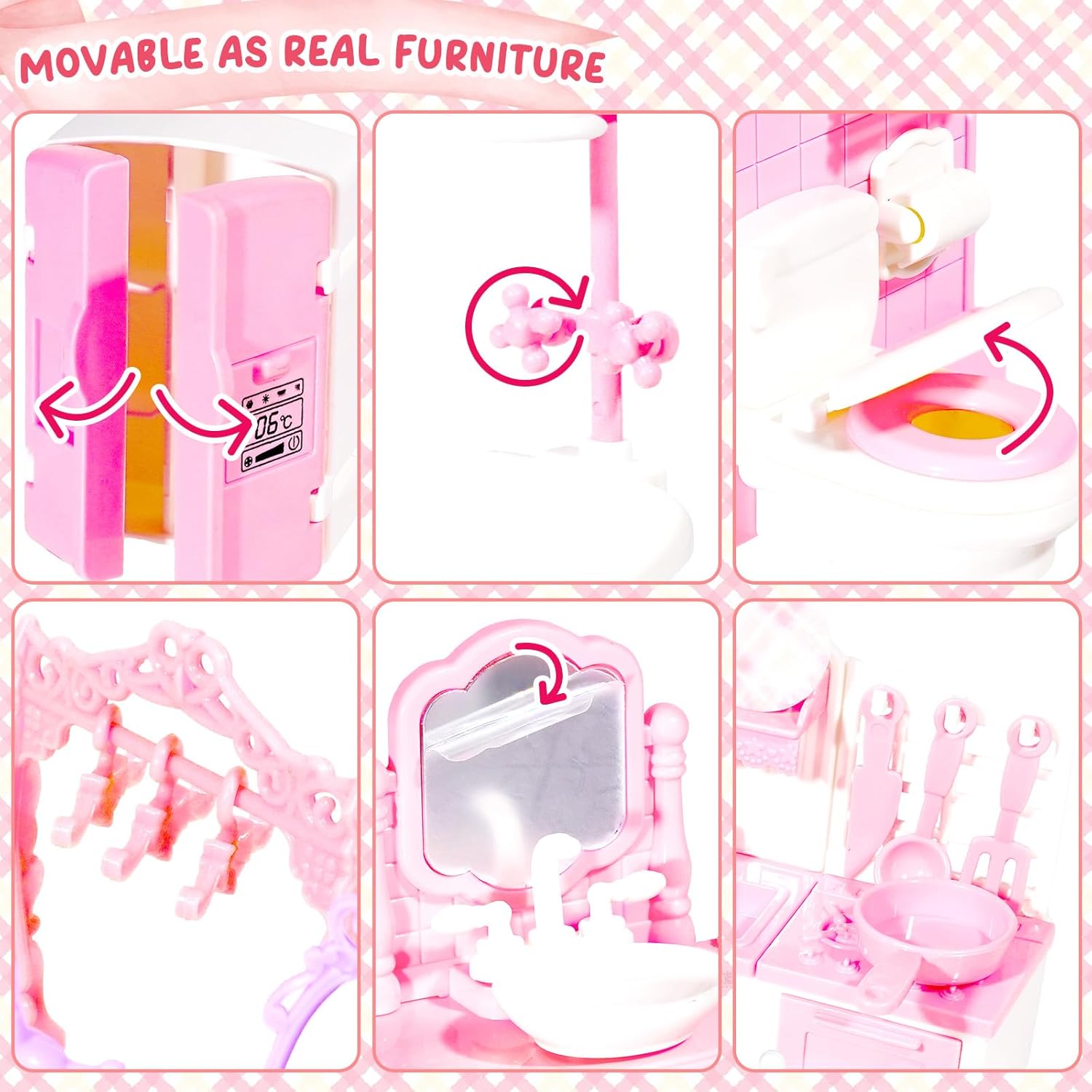 92 Pcs Miniature Furniture Set Accessories Mini Furniture Plastic Bedroom Living Room Bathroom Kitchen Kit Small Pink House for Birthday Gift