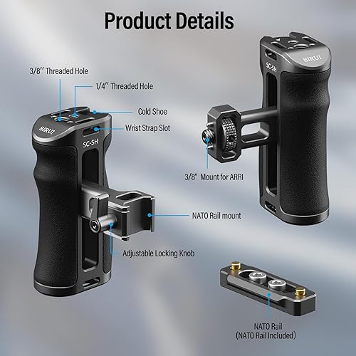 Miniatura 2 de SIRUI Mango lateral para jaula de cámara, aluminio NATO y soporte de localización de 3/8 pulgadas para agarre lateral ARRI con zapata fría y