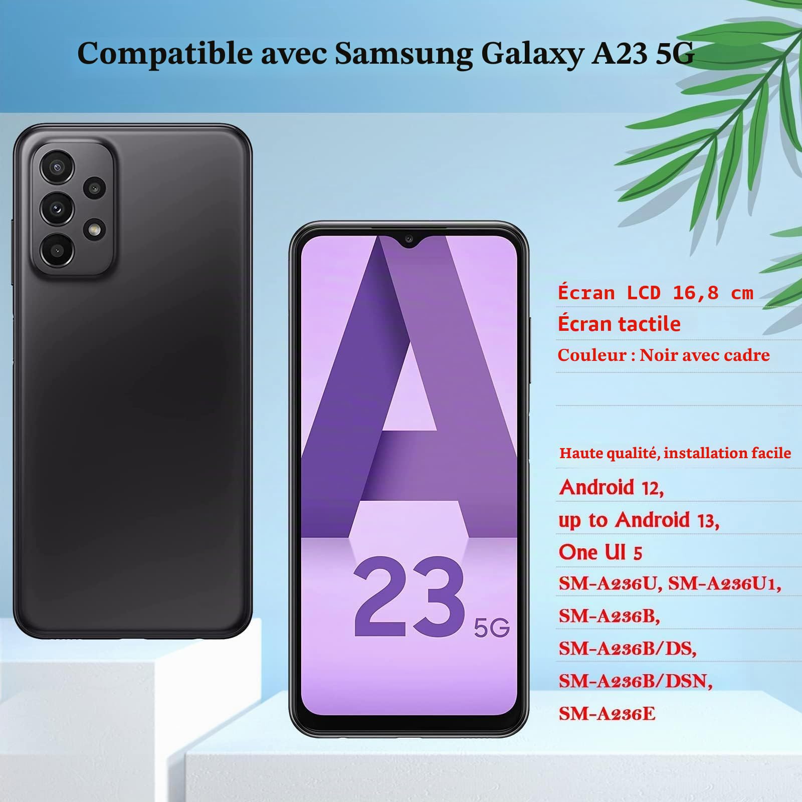 6.6" Noir Kit Écran LCD avec Châssis pour Samsung Galaxy A23 5G SM-A236B SM-A236B/DS SM-A236U Écran Complet Tactile LCD Display de Rechange avec Film de Protection D'écran et Outils