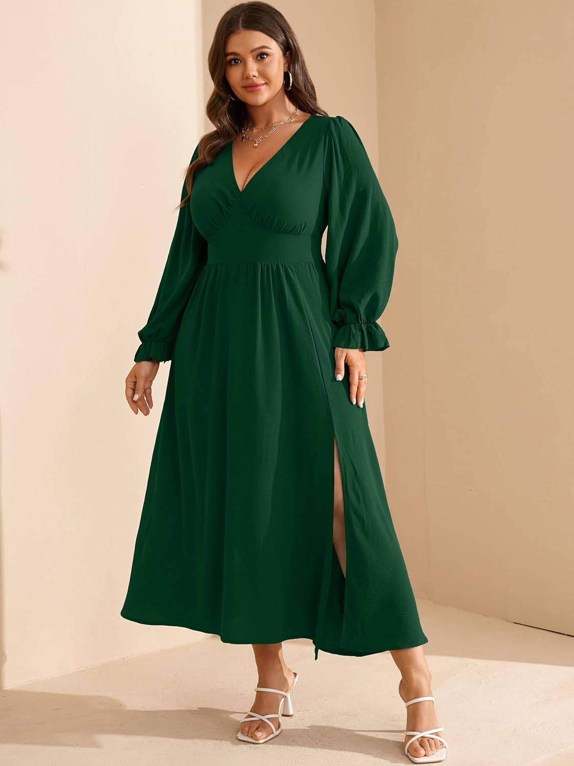 RWJ Plus Size Wedding Guest Dress for Women Deep V Neck Long Sleeve High Waist Slit Formal Cocktail Party Fall Maxi Dresses - Image 3