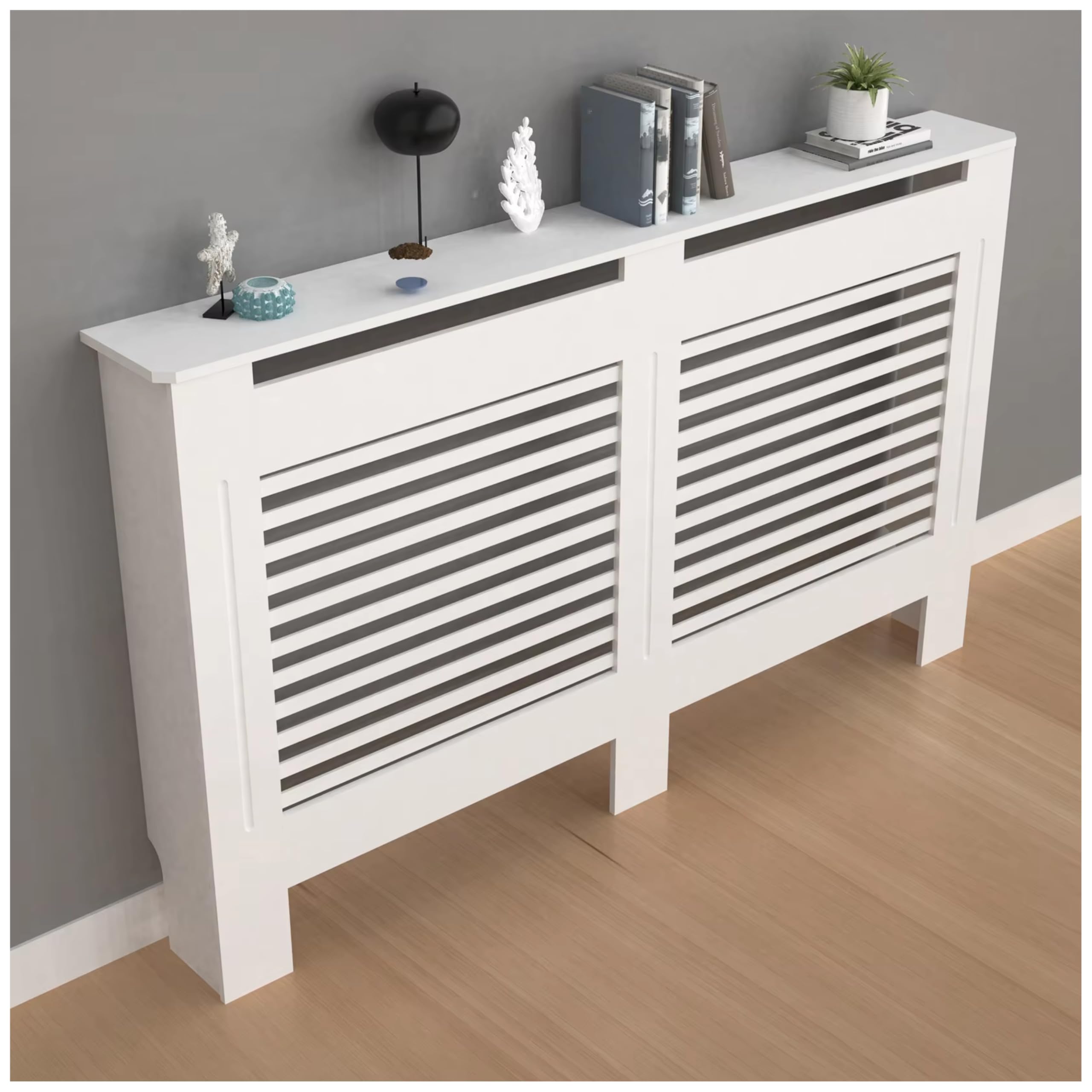 Modern Slatted Radiator Cover with Shelf, MDF Wood Cabinet Heating Cover for Living Room, Bedroom, and Hallway, Horizontal Slats, Decorative Heater Cover with Horizontal Panels (White, Medium)