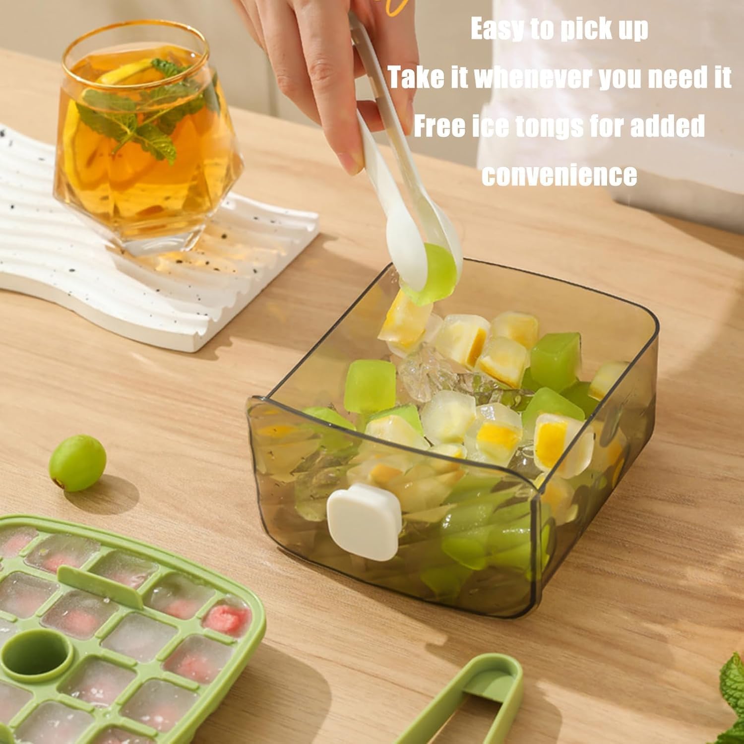 Small Ice Cube Machine with Press Type, Ice Cube Box with Drawer and Storage Container, 48 Grids, Ice Cube Maker, Ice Cube Maker for Coffee, Cocktails and Juice (Green)