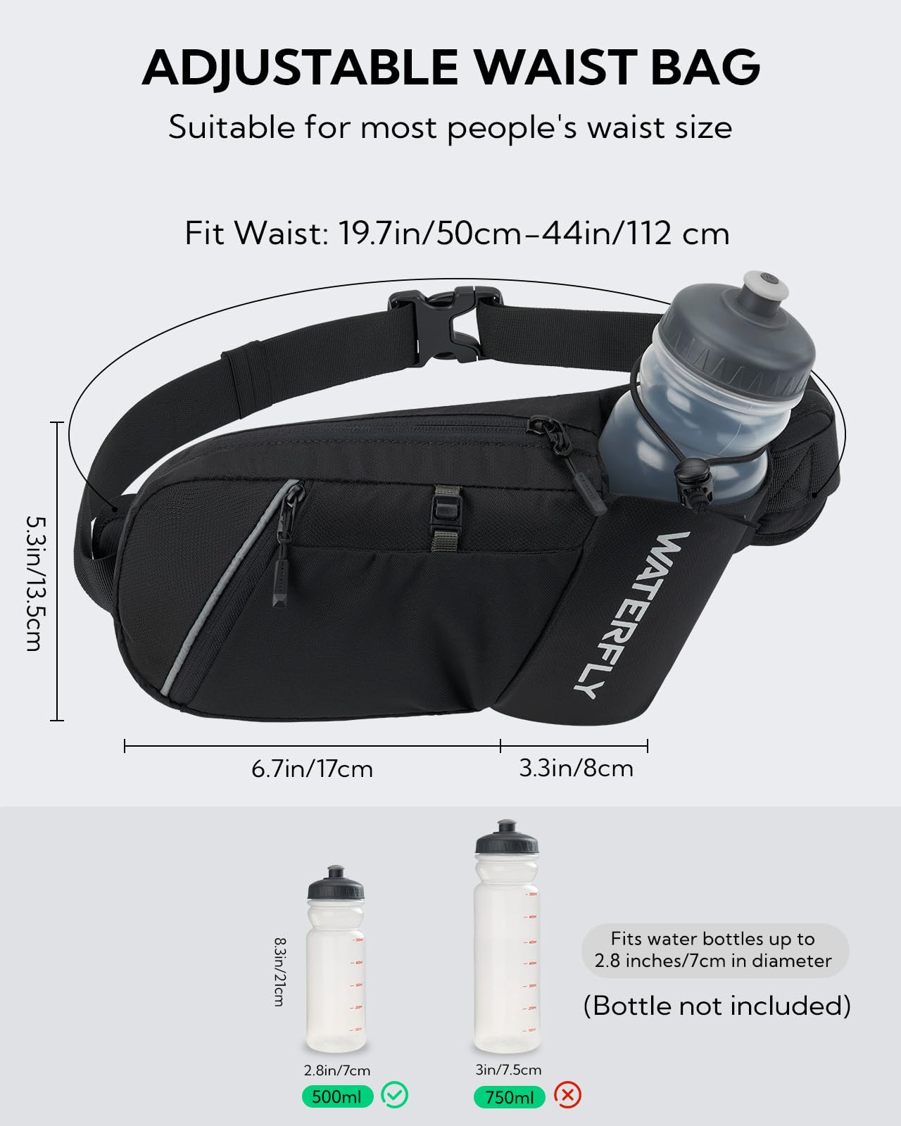 WATERFLY Bauchtasche Herren Damen mit Flaschenhalter: Sportliche Klein Gürteltasche Stylische Joggen Hüfttasche Gassi Bumbag Hundetraining Bum Belt MTB Hipbag Reisen Bauchbeutel Sport Hip Bag
