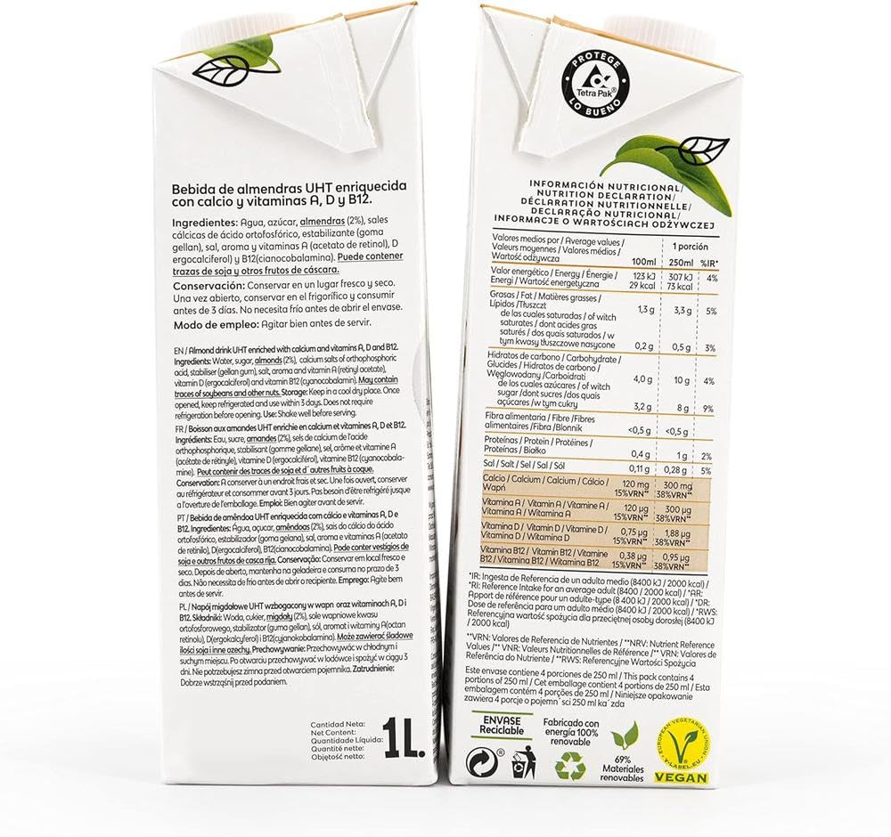 Frías Bebida Vegetal de Almendra Enriquecida con Calcio Pack 6 x 1L Sin Gluten Sin Lactosa Vegana Bajo Grasas Sal Elaborada España