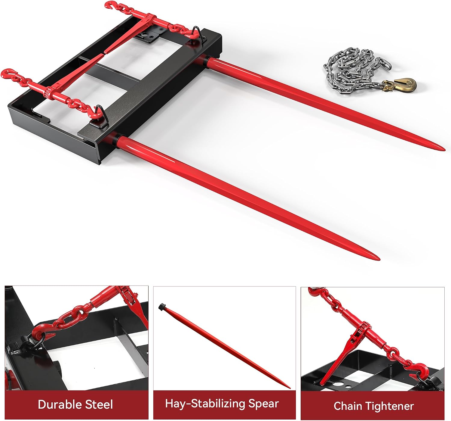YITAMOTOR 49" Hay Spear Attachment, Dual Bale Spears 3000lbs Capacity, Universal HD Front Skid Steer Quick Attach Tractor Loader Bucket Attachment with 2pcs Spears & Chain