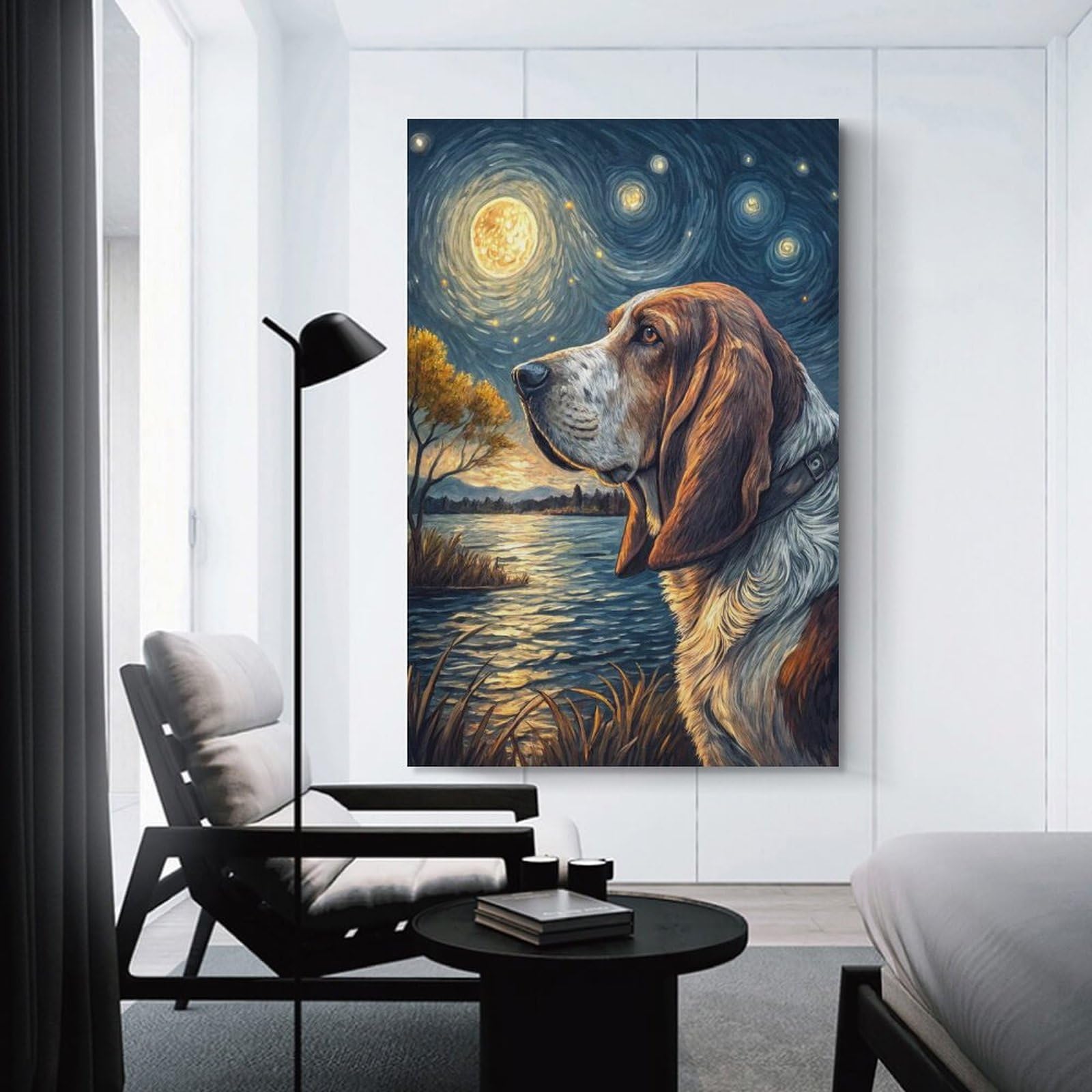 Junmoney Unframe-Style-11-1 Room Decor Wall Art Basset Hound Under A Starry Night Sky, 24X36inch(60X90cm), For Office Decor, Home Working Or Creative Rooms, An Interior Accent For Desk Areas