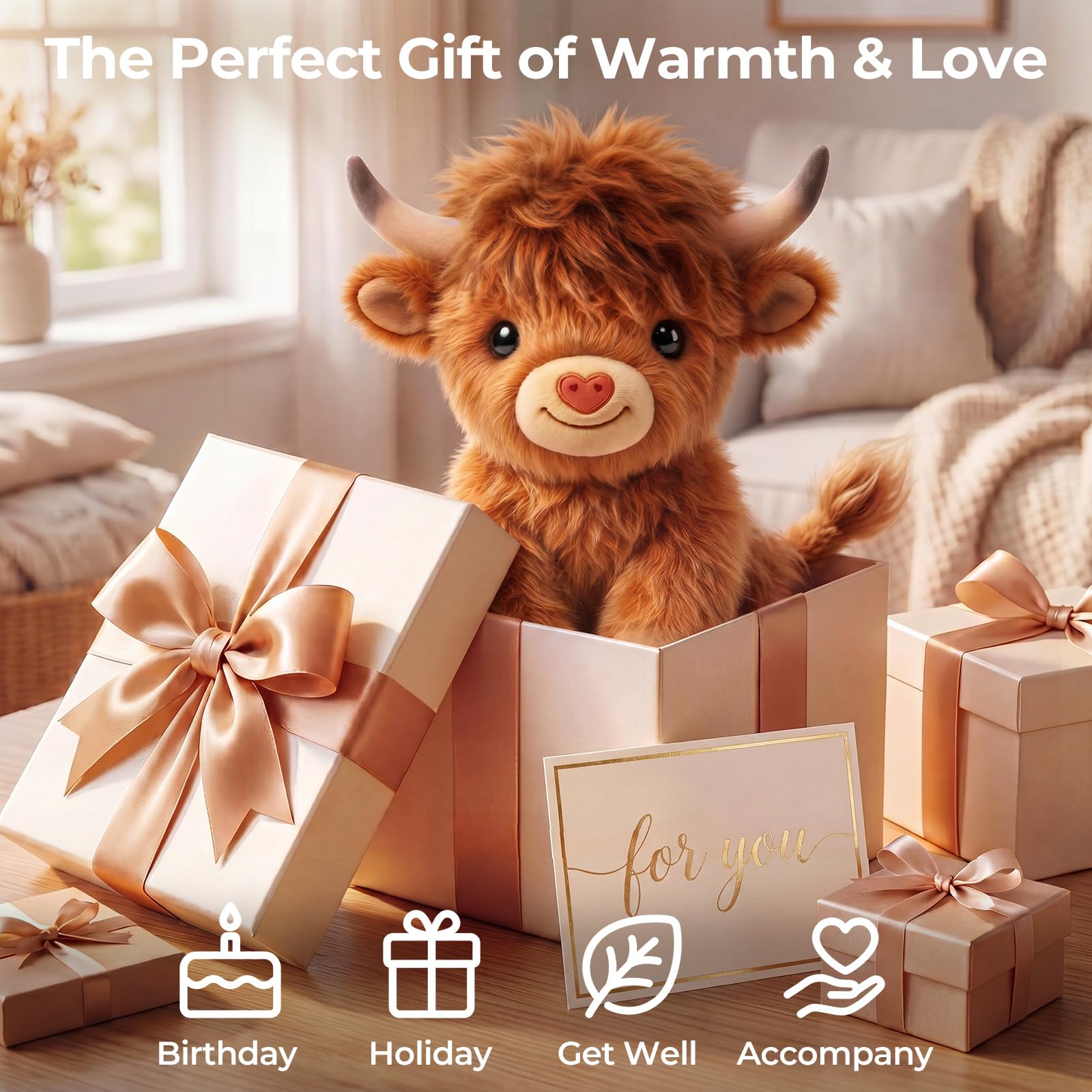 Mewaii Highland Cow Mikrowellen Wärmekissen, 25cm 0.45kg Gewichtskuscheltier mit Mikrowellengeeignetes Heizkissen, Süßes Flauschiges Hochlandrind Kuscheltier Festliches Geschenk für Kinder und Frauen