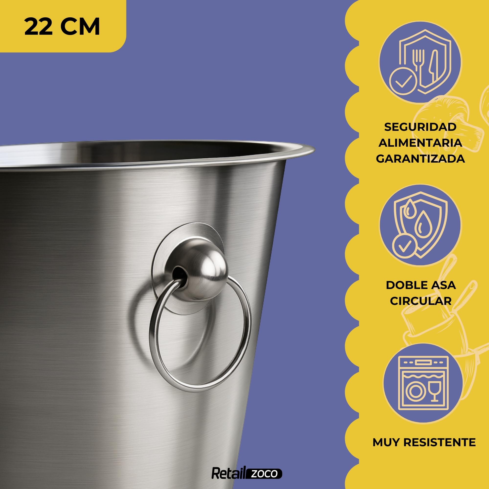 CHEFZOCO Champanera con asass, Cubitera Acero Inoxidable, Cubo de Champán, Enfriador de Botellas, Diámetro 22 cm, Altura 21 cm, Acero Inoxidable, Apto para Enfriar refrescos, champán, Vino, Cerveza