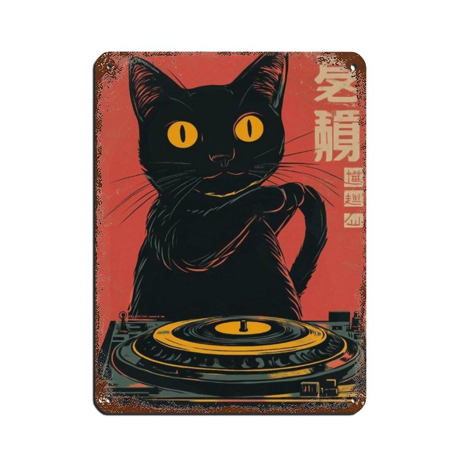 Retro Cat DJ-art Poster, Tin Sign Vintage Metal Pub Club Cafe Bar Home Wall Art Decoration Poster Retro 12x16inch(30x40cm)