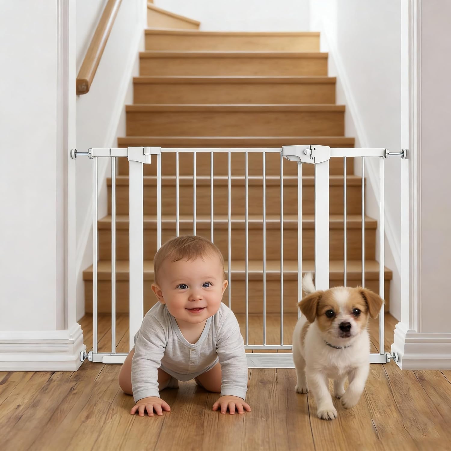 Easy Step Walk-Thru Baby Gate – Adjustable Safety Gate for Babies & Pets, Pressure Mount Kit, Includes Wall Cups – 29.7-48.8W x 30.5H, Auto-Close White
