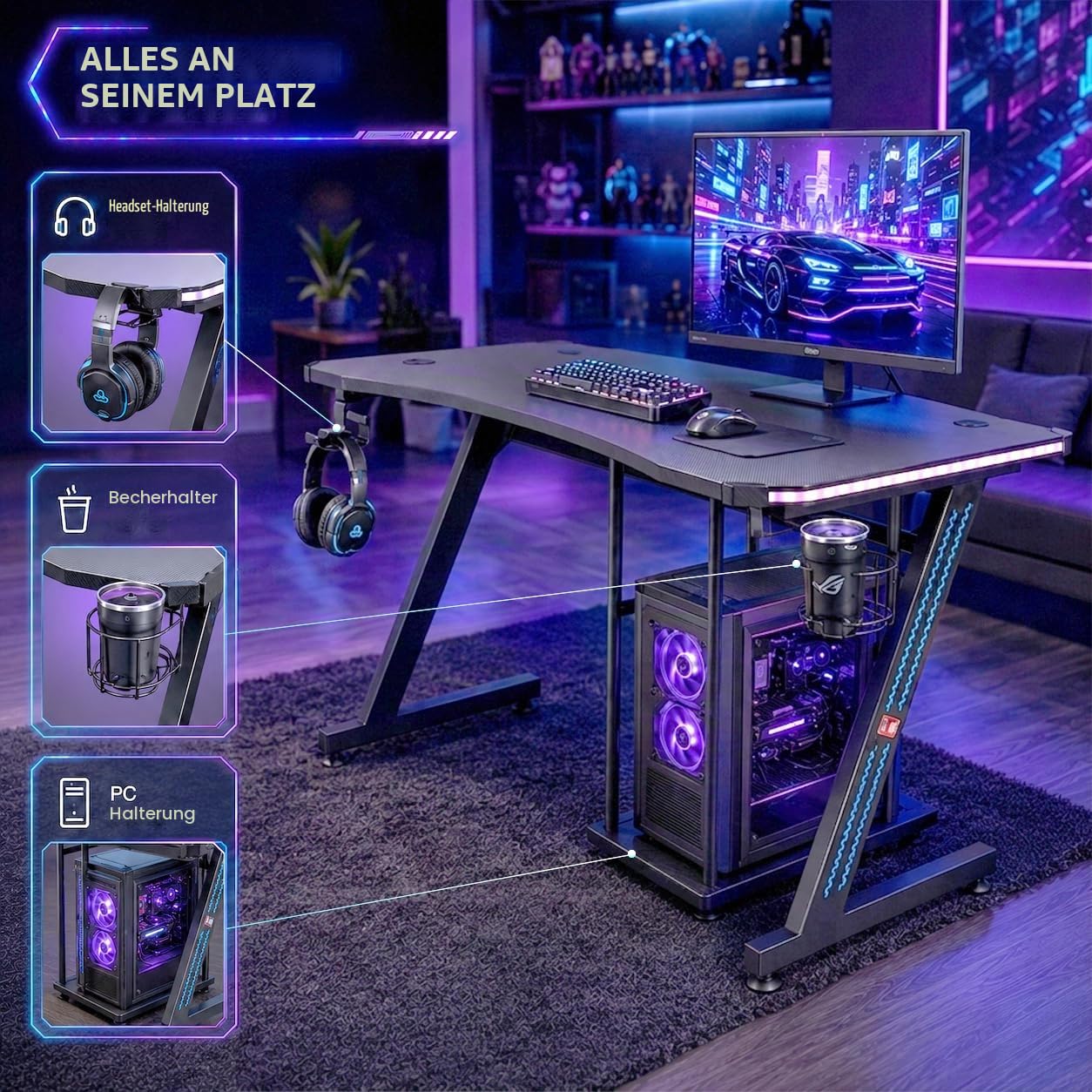 MY SIT Gaming Tisch Gizmo mit Farbwechsel LED Beleuchtung - Kopfhörerhalter PC-Halter und Getränkehalter - Leistungsstarkes Kabelmanagement - Gamer Schreibtisch Gaming Computertisch in Schwarz