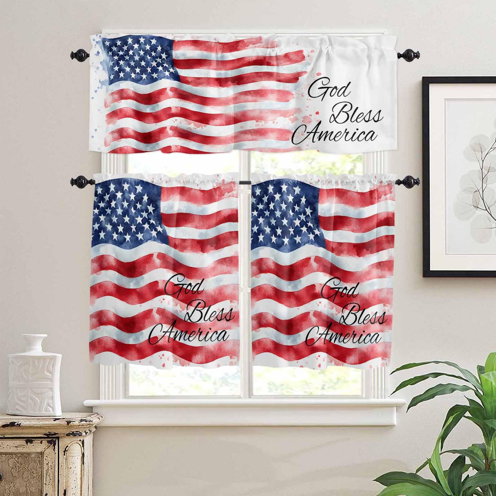 American Flag Kitchen Curtains 36 Inch Length, 3 Piece Rod Pocket Small Half Tiers and Valance Set, Red Blue Watercolor USA Flag Small Large Window Treatment Decor for Bedroom/Bathroom Sink