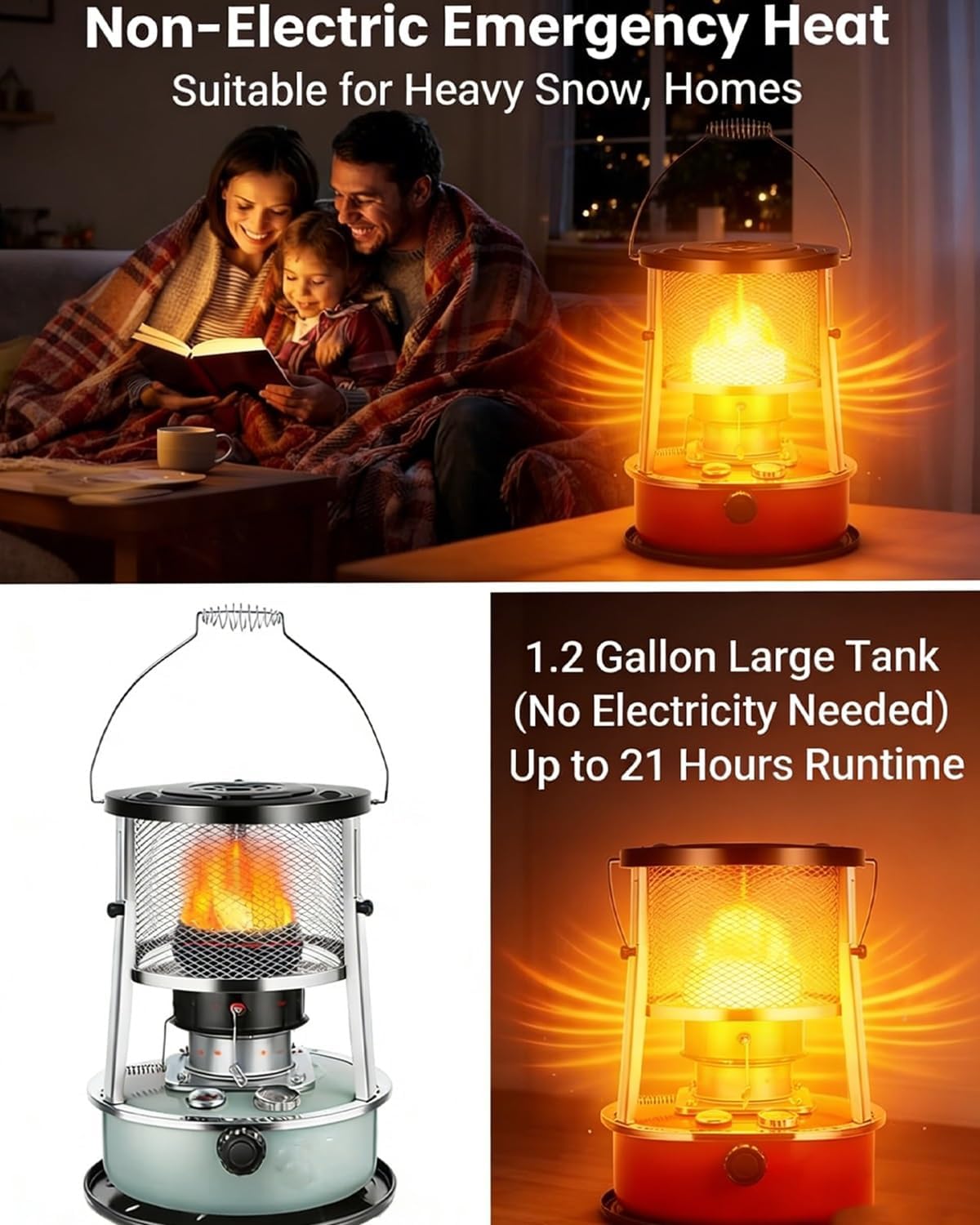 Kerosene Heaters for Indoor Use, Non Electric Heaters, 2026 Upgrade 9000 Btu Kerosene - Lasts 18 H, Portable Convection Space Heater with Cooking Func for Emergency Home Use, Power Outage