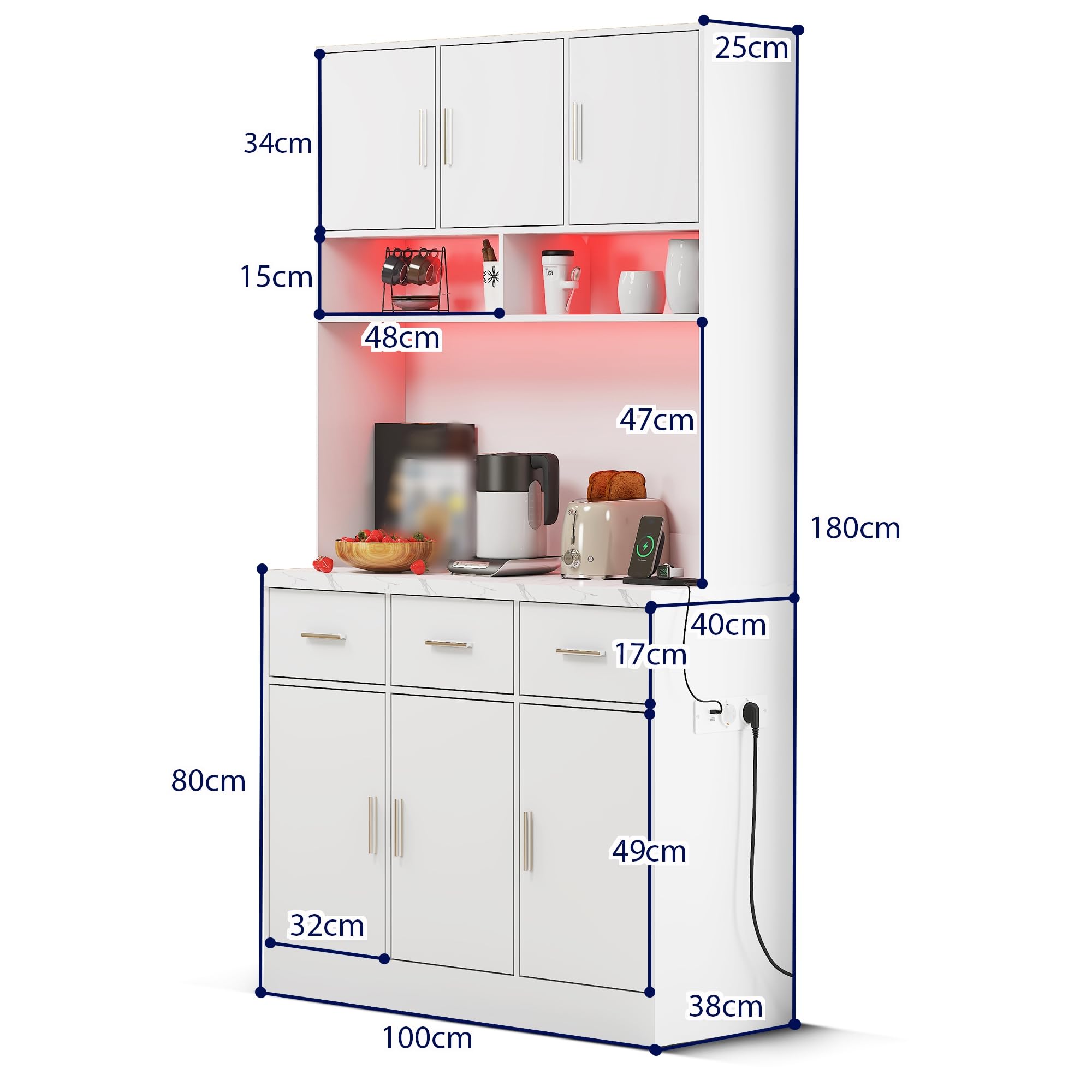 Küchenschrank 100x40x180cm, Buffetschrank mit Arbeitsplatte, Hochschrank mit LED-Beleuchtung und Steckdosen, verstellbaren Regalen und 3 Schubladen, für Küche Wohnzimmer, Weiß
