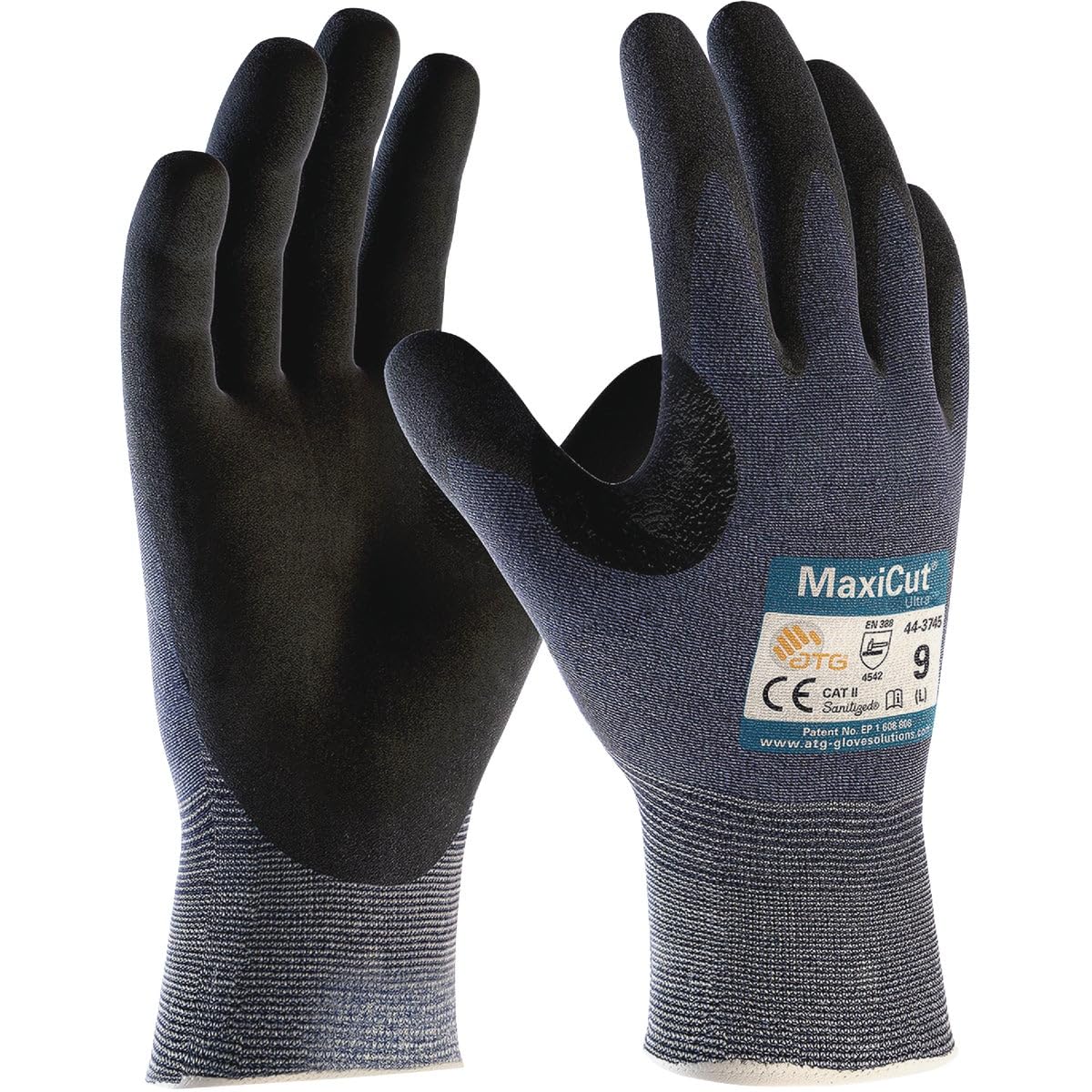ATG 44-3745T/XL Maxicut Ultra, Blue Engineered Yarn Shell, Blk Microfoam Nitrile Grip, Tagged Blue XL