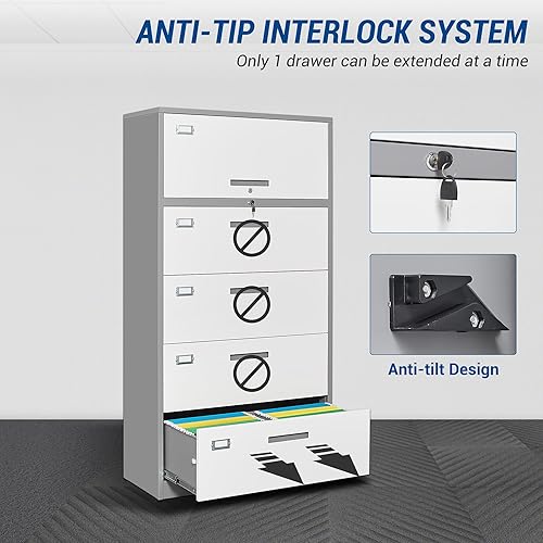 Miniatura 4 de Archivador lateral de 4 cajones con armario con cerradura  Armarios de llenado de acero gris y blanco para oficina en casa  Armario de