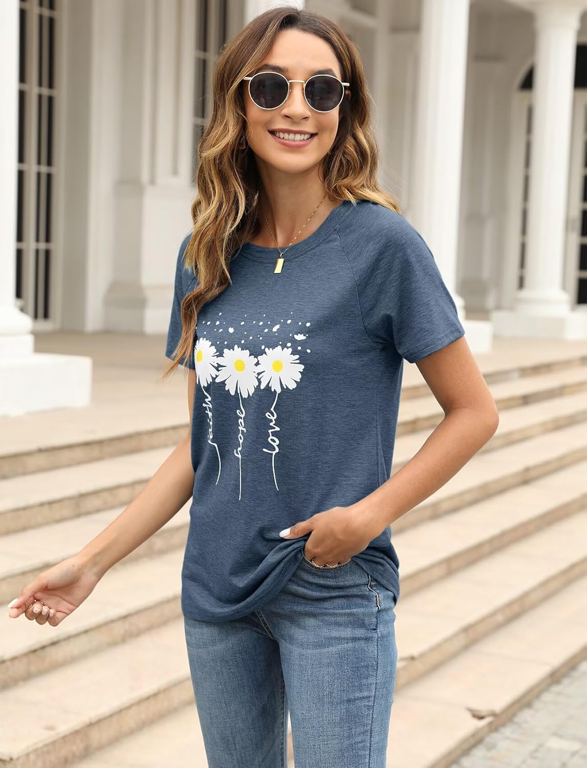 EADINVE Women Crewneck Daisy Print Short Sleeve T-Shirts Summer Faith-Hope-Love Tees Loose Fit Graphic Tops 2026 - Image 2