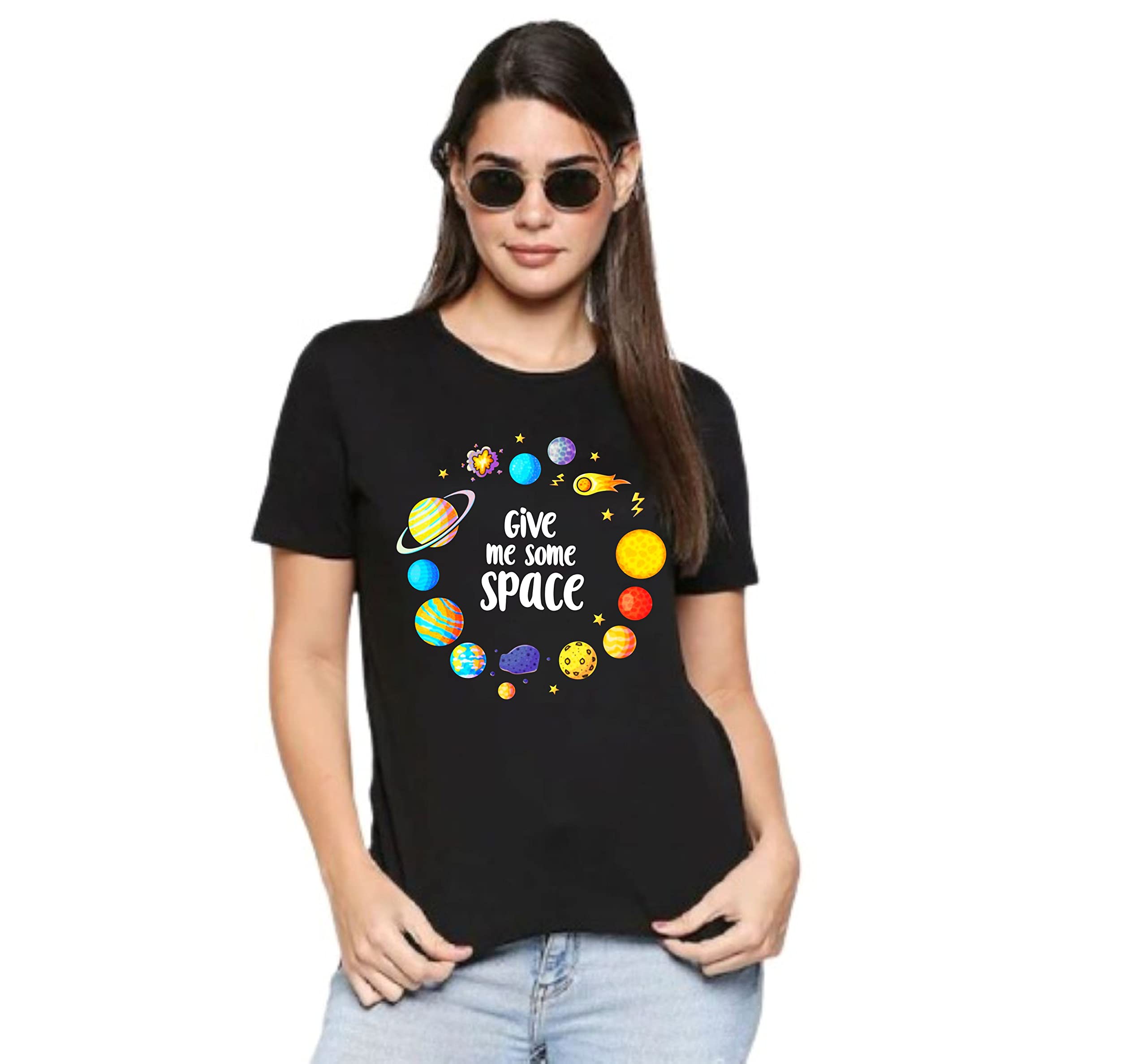 EmfabGIVE ME Some Space : 100% Cotton Round Neck Half Sleeves Graphic Printed T Shirt for Women (Medium, Black)