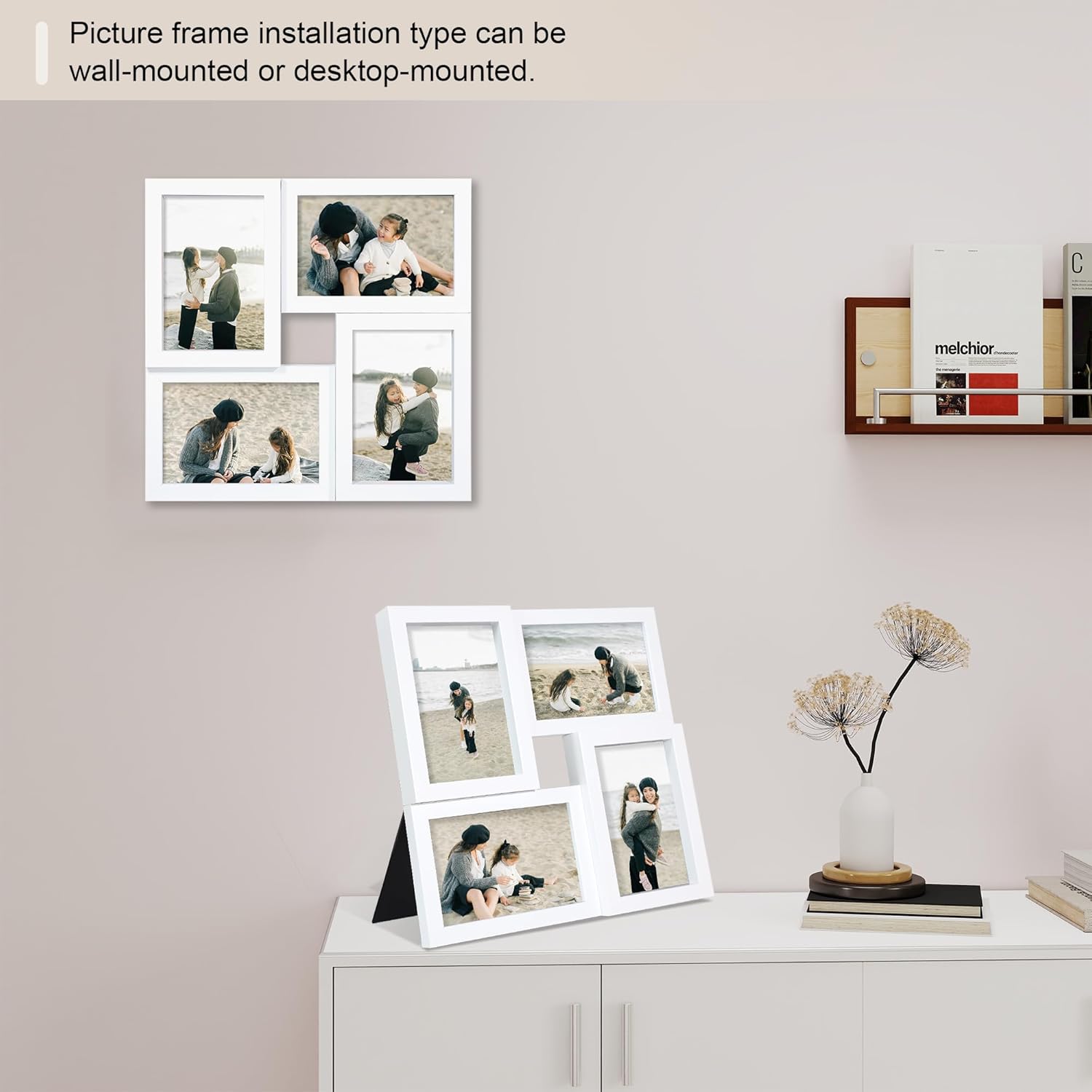 4x6 Picture Frames Collage 1 Pack, 4 Opening Multi Family Photo Collage Frames with Real Glass for Wall Hanging or Tabletop, White