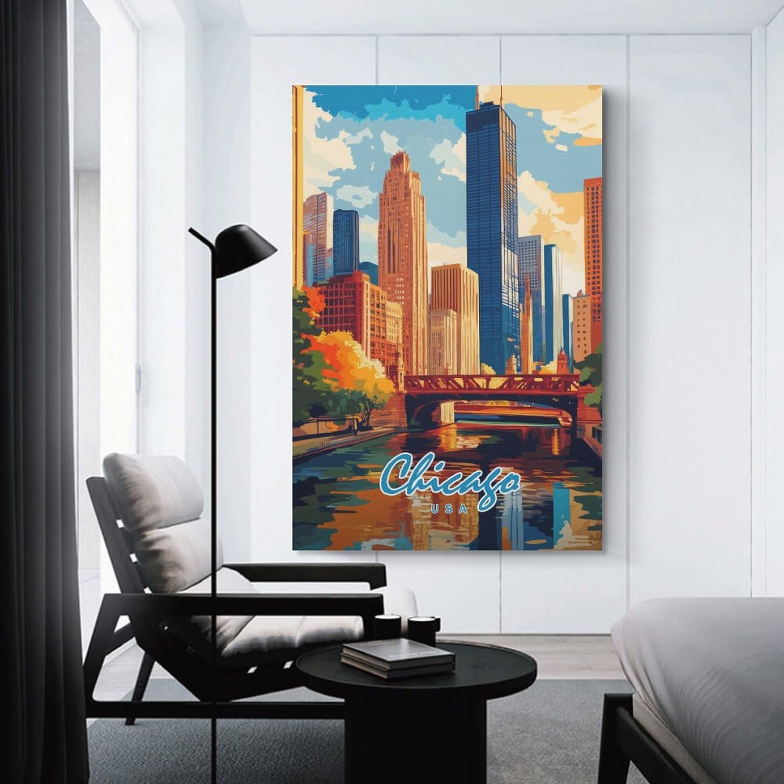 Junmoney Hanging Wall Art Chicago Skyline, 24x36inch(60x90cm), for Wall Displays, Bedrooms Or Room Updates, Decorative Artwork with Flexible Styling