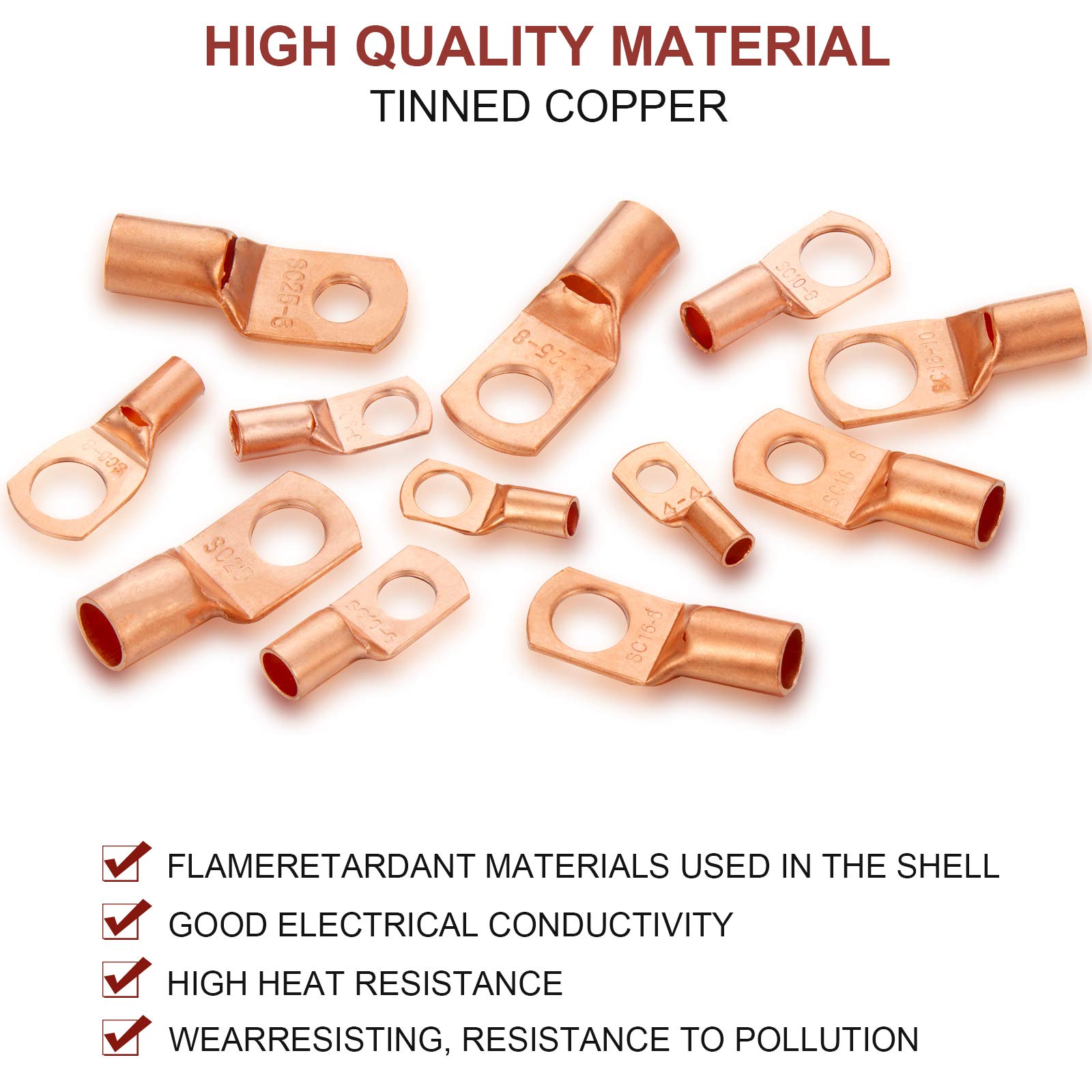 170 Pieces Copper Battery Cable Ends 12 Sizes Battery Wire Lugs Eyelets Tubular Ring Terminal