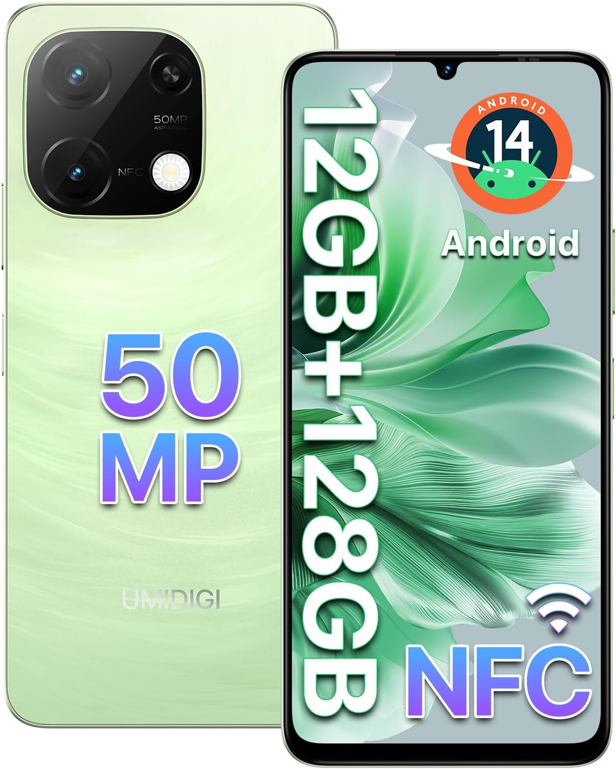 – UMIDIGI Mobile Phones, NFC,12GB+128GB/2TB TF Smartphone, 6.75" HD+90Hz Phone Unlocked, 50MP Camera, Bluetooth 5.4, 5000mAh, Smart Phone 4G Dual SIM, Face ID/F ingerprint/GPS/OTG,G9C Green