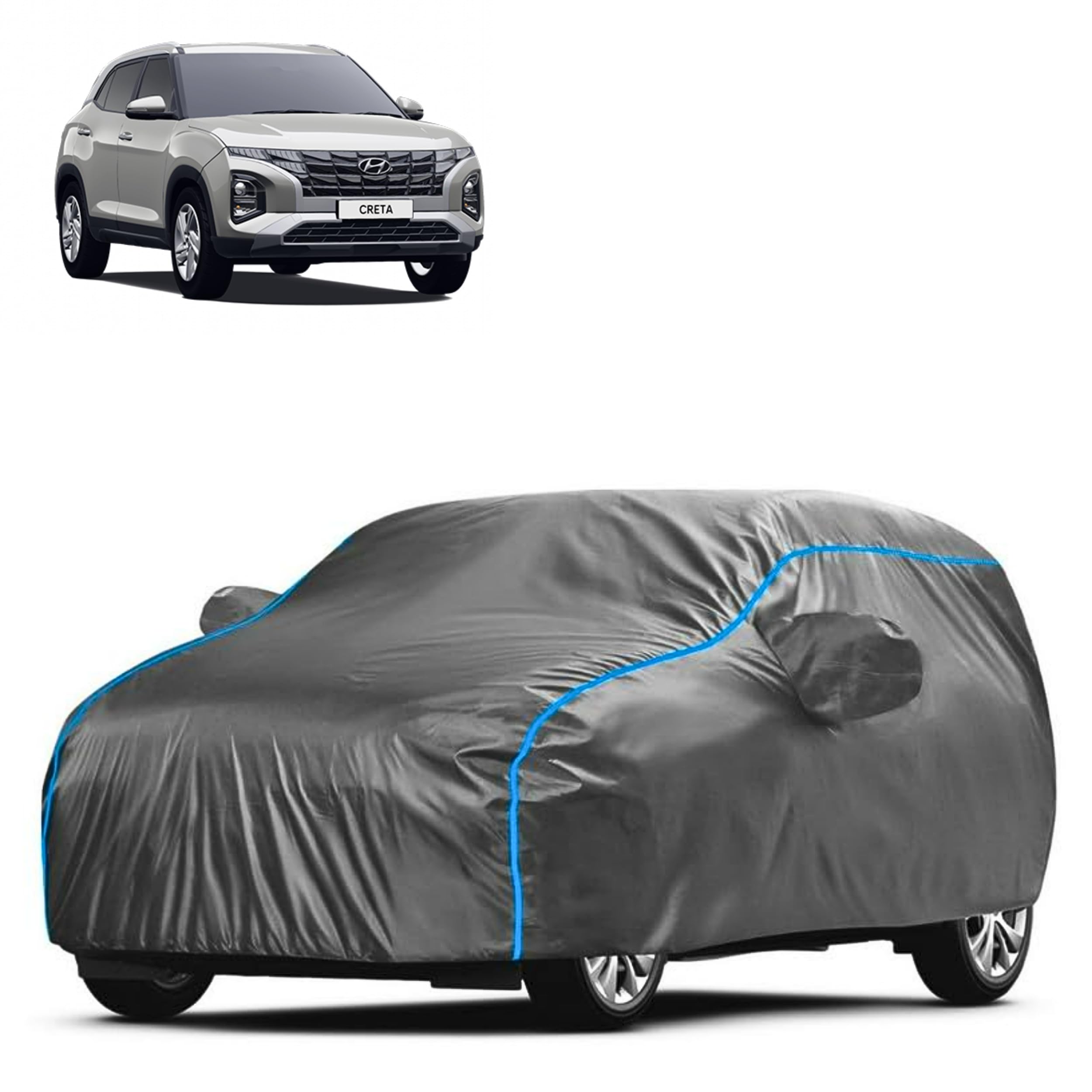 FAVY All-Weather Proof Car Cover for Hyundai Creta | UV, Dust, Scratch, and Water Resistant | Mirror Pockets | Triple-Stitched Design | Windproof Buckle Strap | Elastic Bottom for Secure Fit