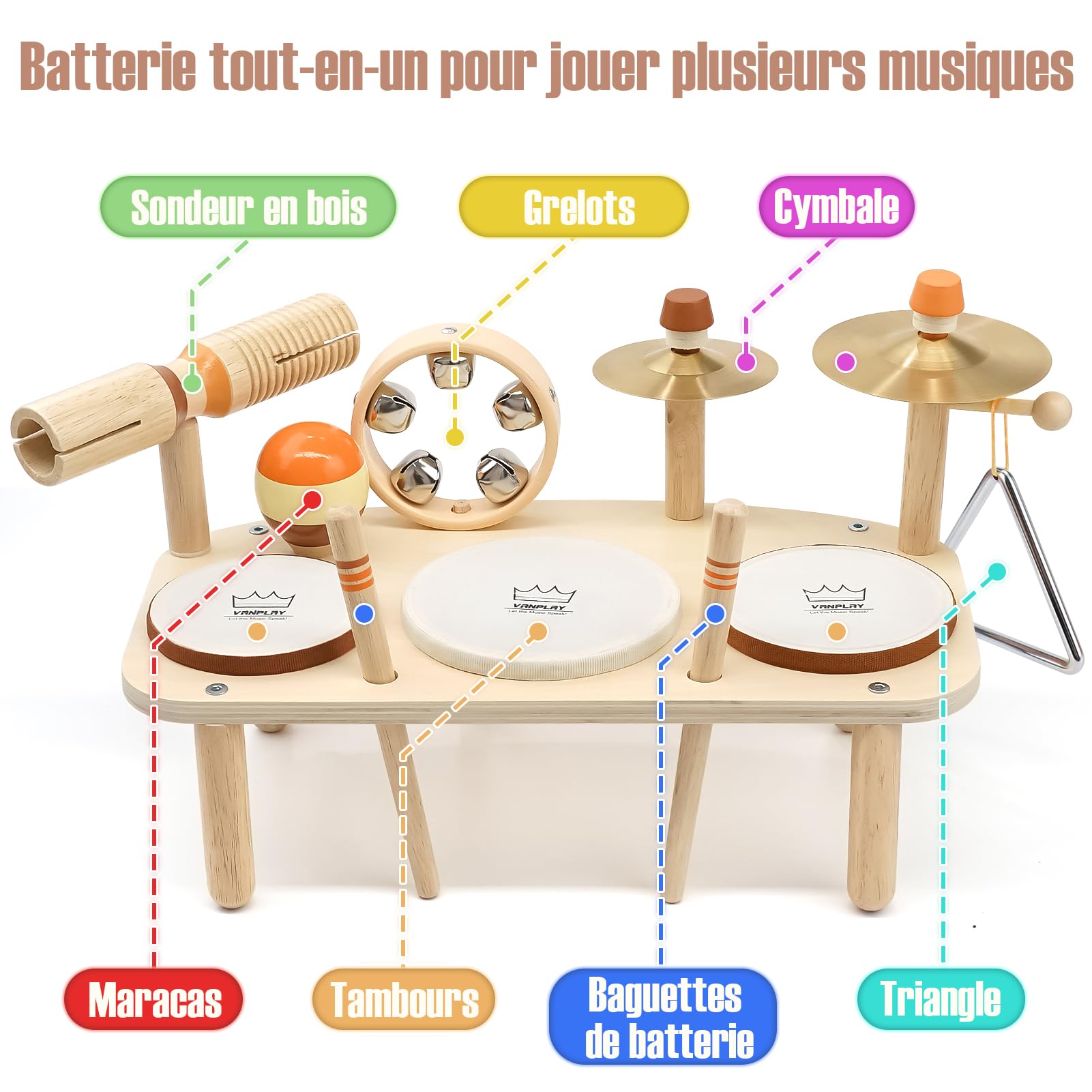 Vanplay Juguetes musicales para bebés de 1 año en adelante con 3 tambores y sonajero de cascabeles, tambor infantil juguete musical, juguete Montessori para niños y niñas a partir de 1 año
