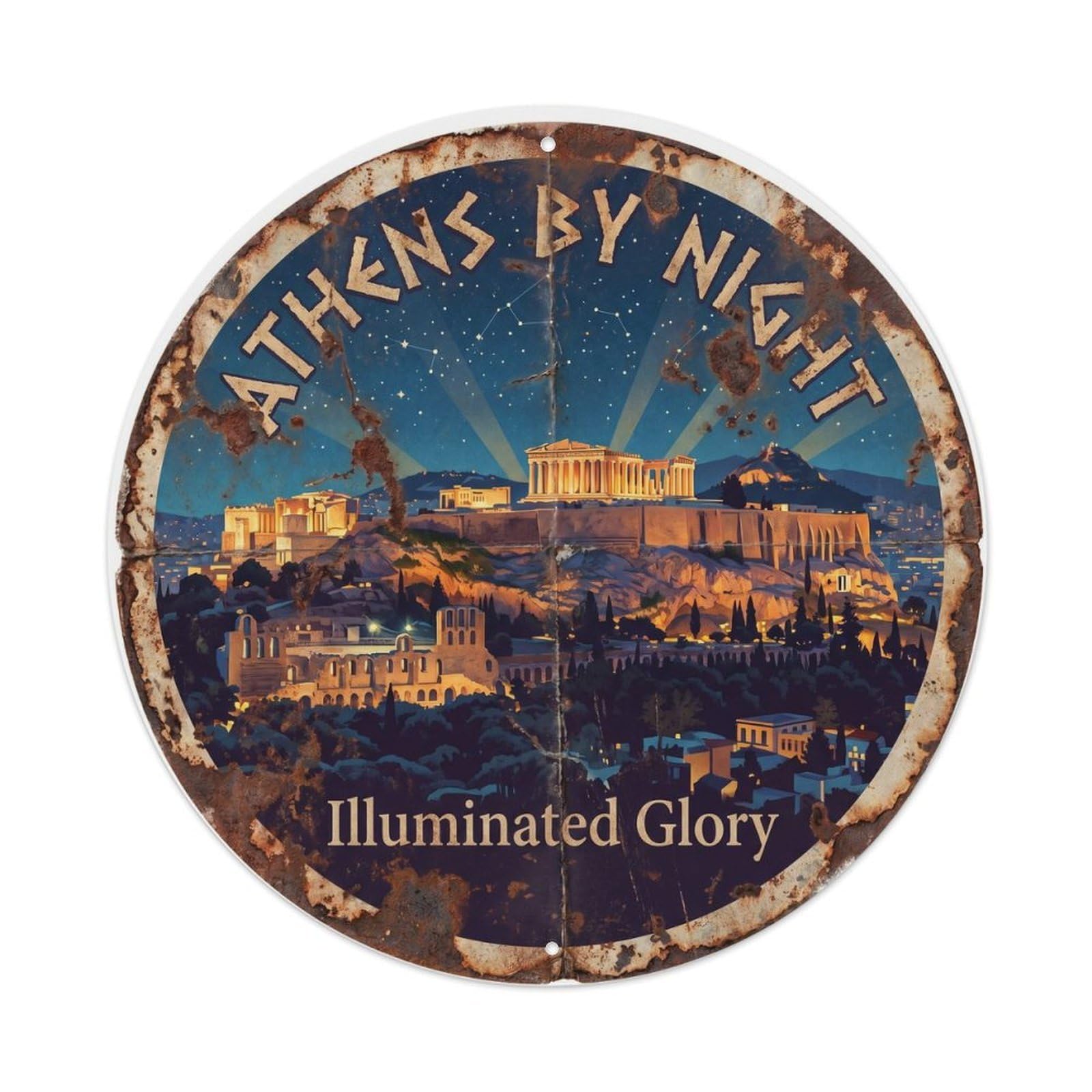 Fqnyr Style Vintage Travel Acropolis Night Athens Metal Tin Sign