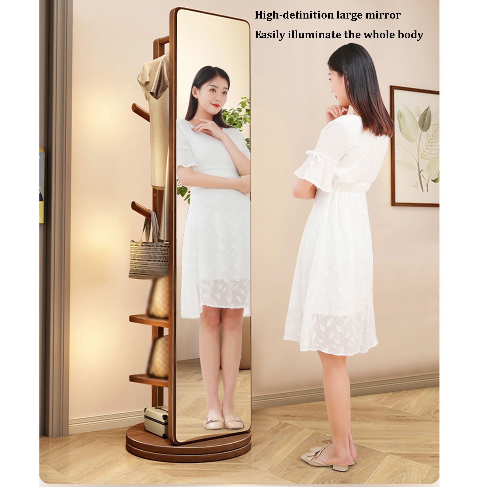 Espejo de cuerpo entero con perchero，Espejo de pie giratorio 360° de madera maciza, perchero 3 en 1 espejo de pie，Espejos de cuerpo entero con espacio de almacenamiento Perchero，Para dormitorio