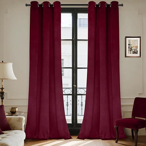 Yakamok Velvet Red Curtains 96 Inches Long for Living Room Light Blocking Thermal Curtain Soft Luxury Window Drapes Xmas Darkening Decor Grommet Curtains for Bedroom Set of 2 Panels (W40xL96,Wine Red)