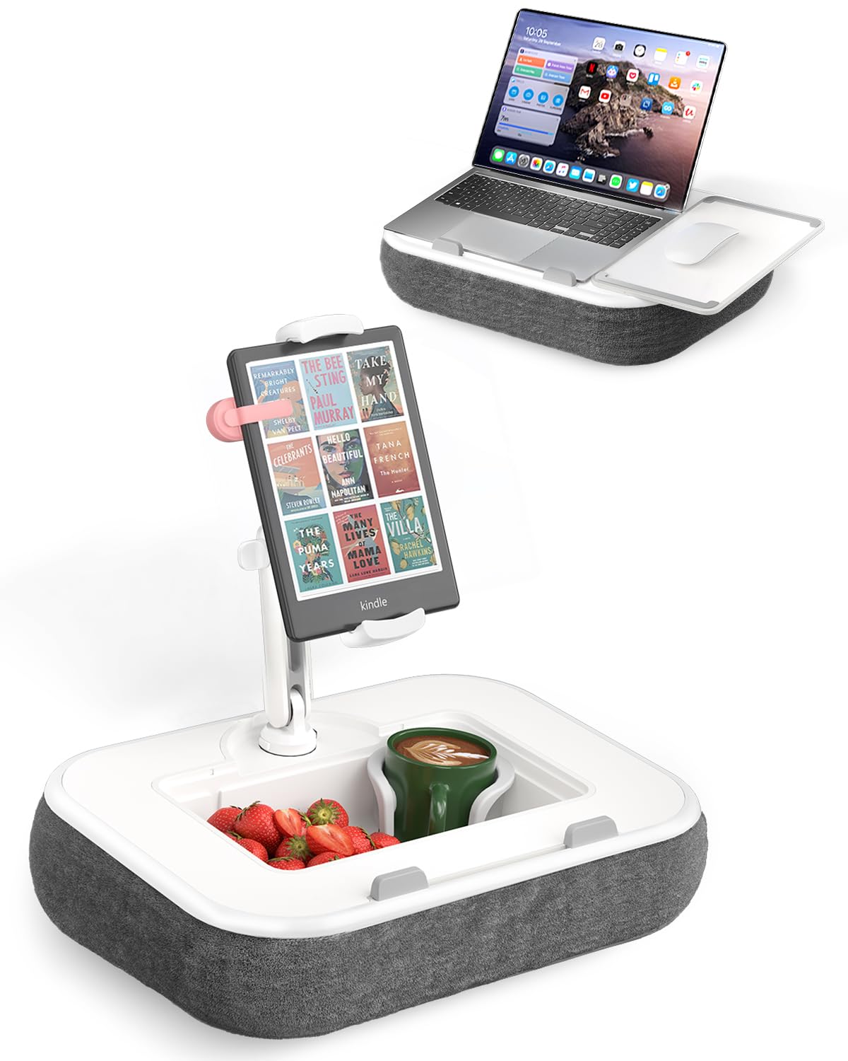 Kindle Pillow Stand with Lap Desk, Adjustable iPad Holder for Bed, 360° Swivel Tablet Arm, Laptop Desk with Mouse Pad, Snack Bowl & Cup Holder, Fits 4.7–13” Tablets & 15” Laptop