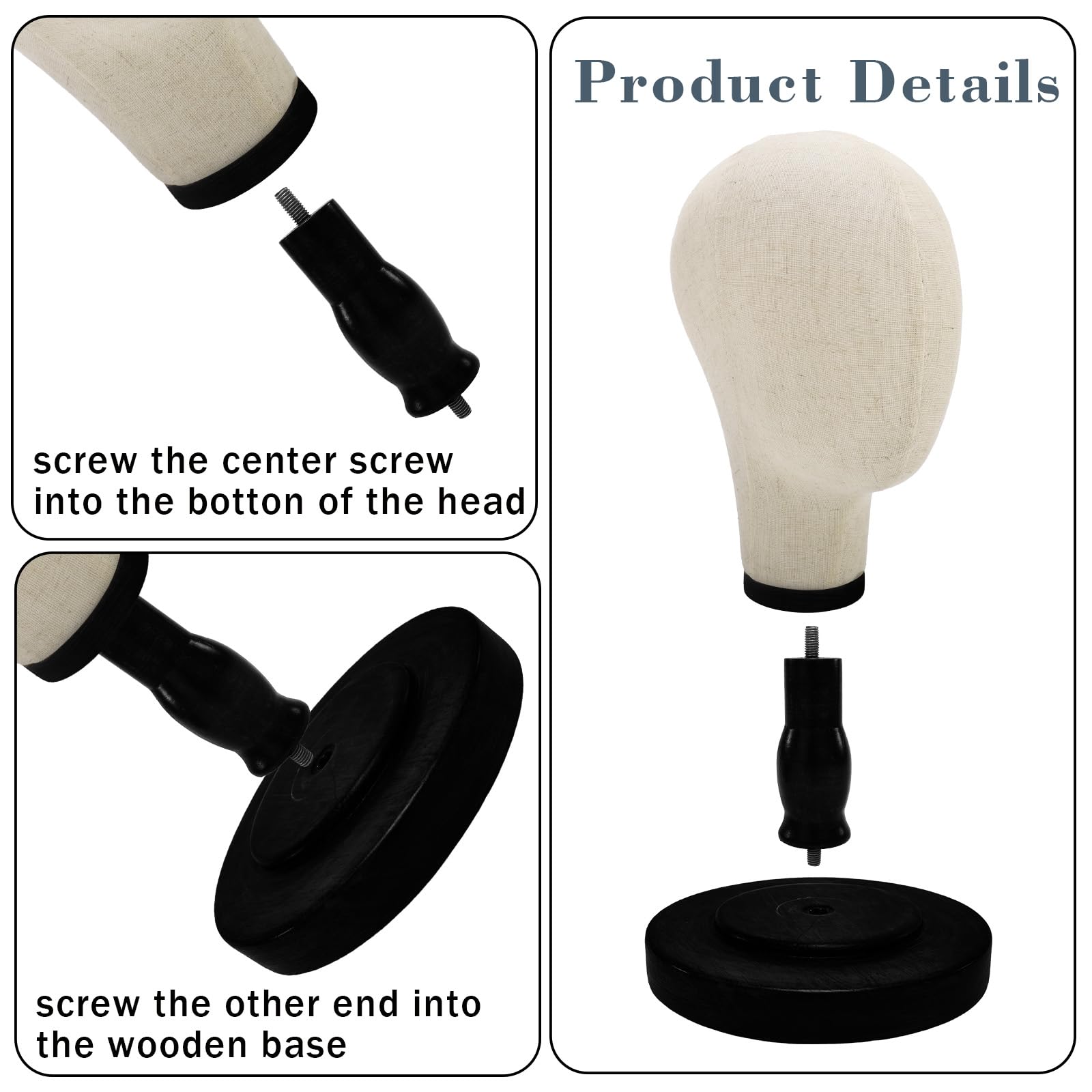Support pour perruque, tête de mannequin de 55,9 cm avec base en bois amovible, support de tête en toile pour coiffure, bijoux, lunettes, bandeau, support de perruque pour perruques, chapeaux