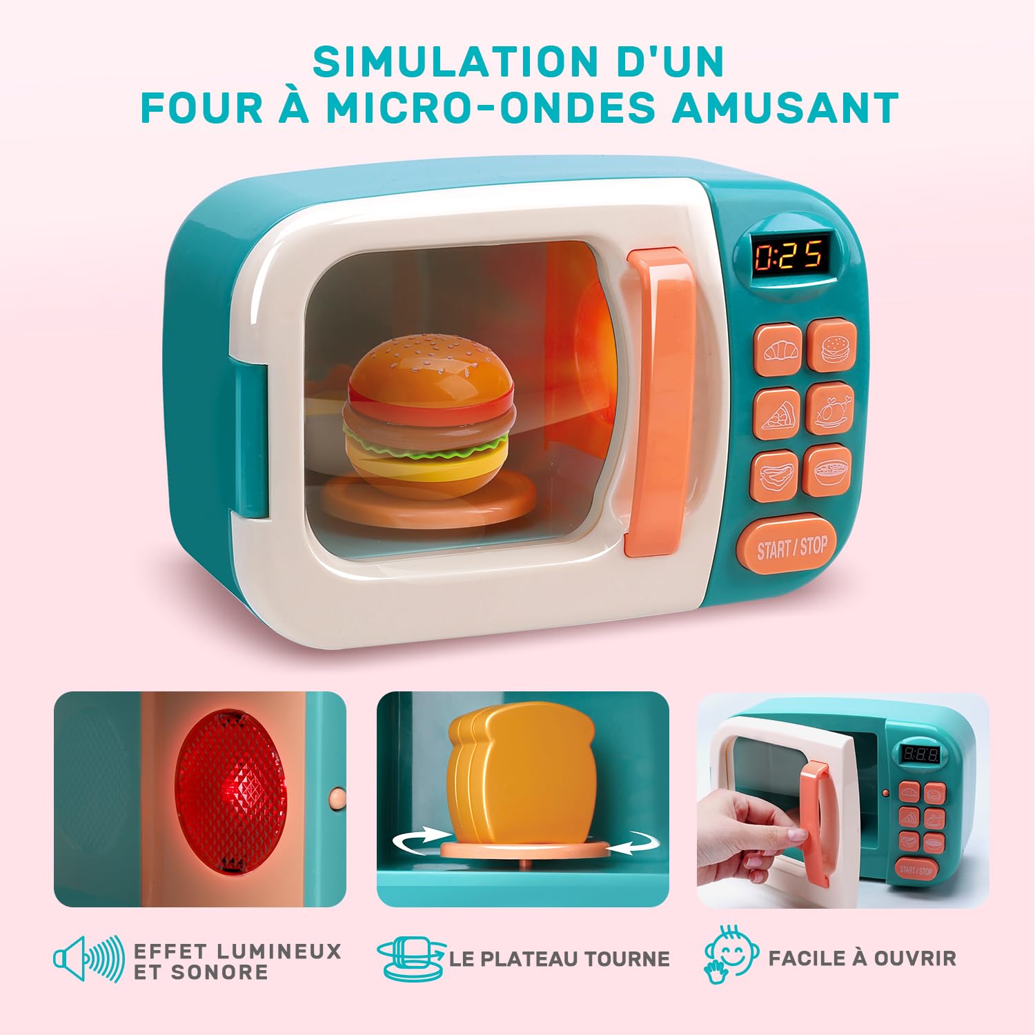 CUTE STONE Ensemble de Jouets Cuisine avec Micro-Ondes, Jeu d’Imitation pour Enfants, Four Électronique et Aliments de Jeu, Ustensiles de Cuisine, Jouets Éducatifs pour Filles et Garçons