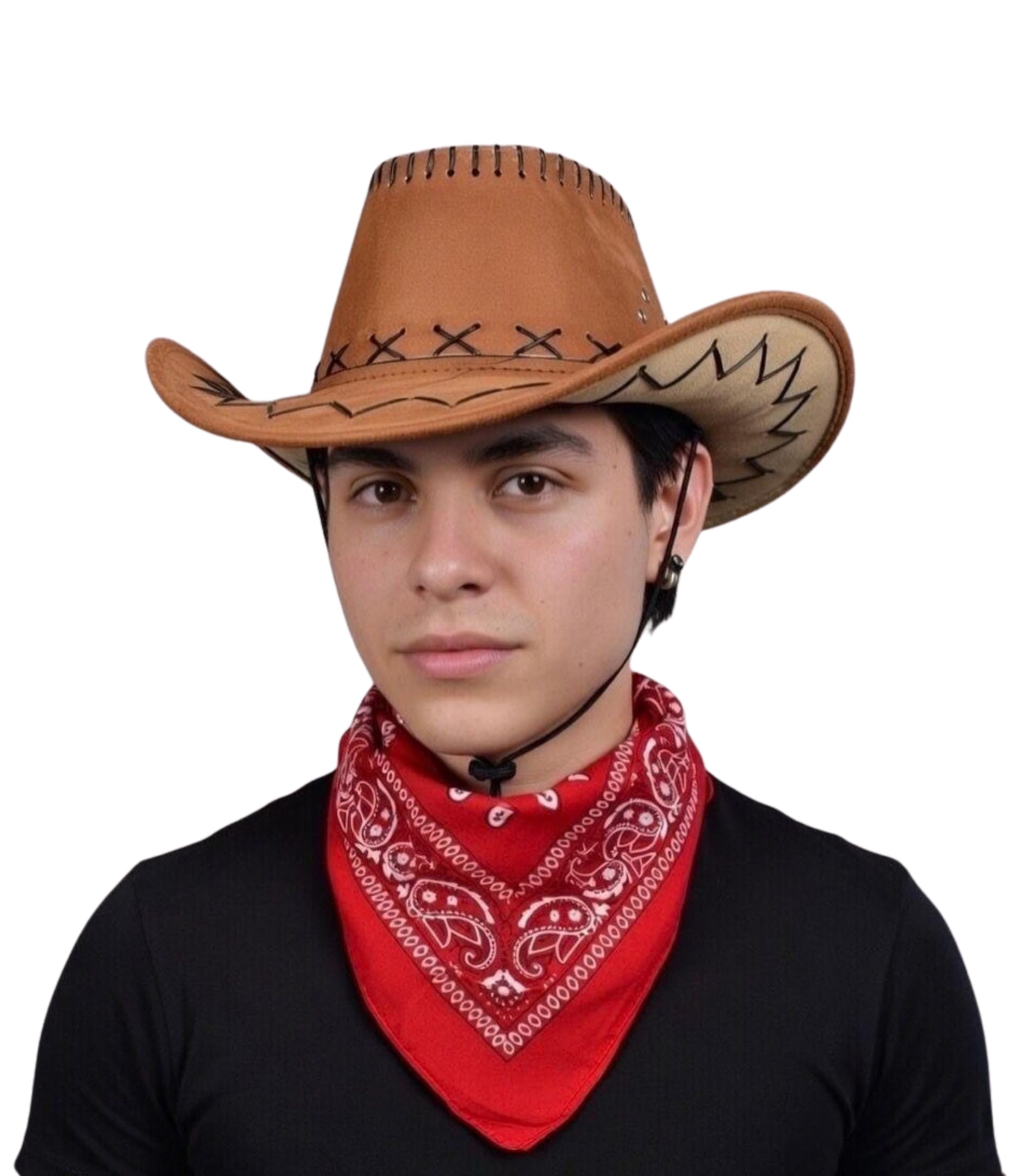 SoWest Western Cowboy Hat & Bandana Set – Classic Leather Look Halloween Headwear Costume Accessory | Unisex Cowboys & Cowgirl Fancy Dress Cosplay Party Hats for Adults Men & Women - Camel — image 1