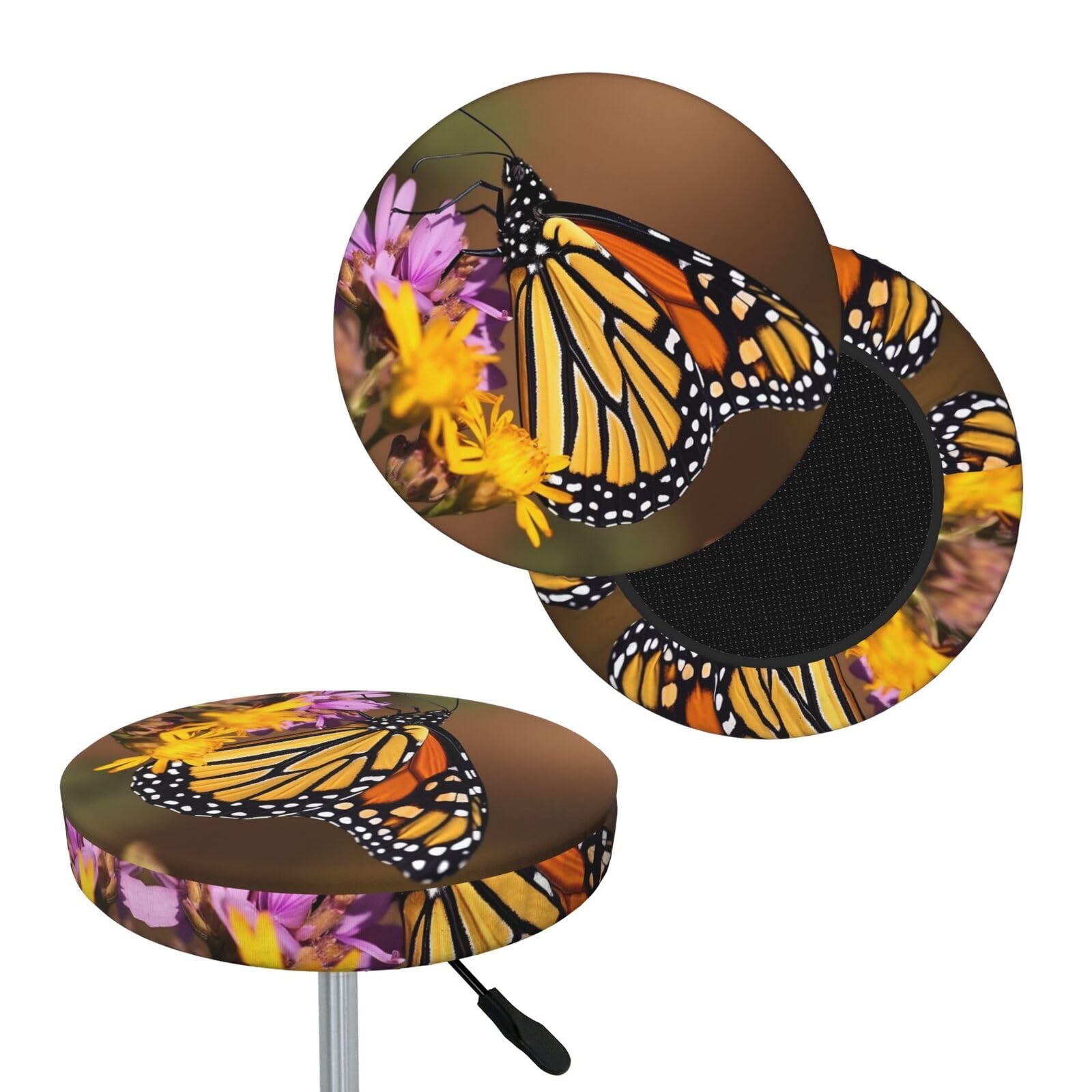 FodPand Monarch Butterfly Bar Stool Cover Round Elastic Stool Cushion Covers Washable Bar Stool Chair Slipcover Stretch Stool Seat Covers for 12-14 Inch Chair