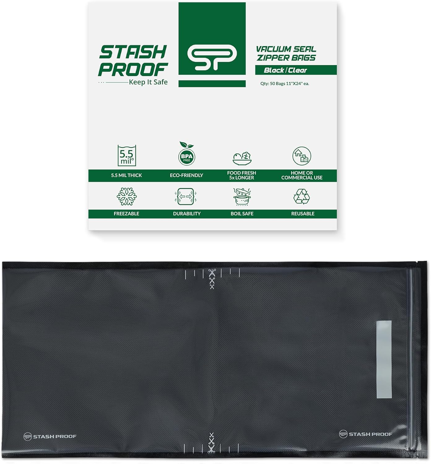 Resealable Zipper Vacuum Seal Bags 11" x 24" (50 Count) 5.5 Mil (Black and Clear) - BPA Free Commerical Grade Food Saver for Storage, Sous Vide, and Meal Prep Sealer Bag