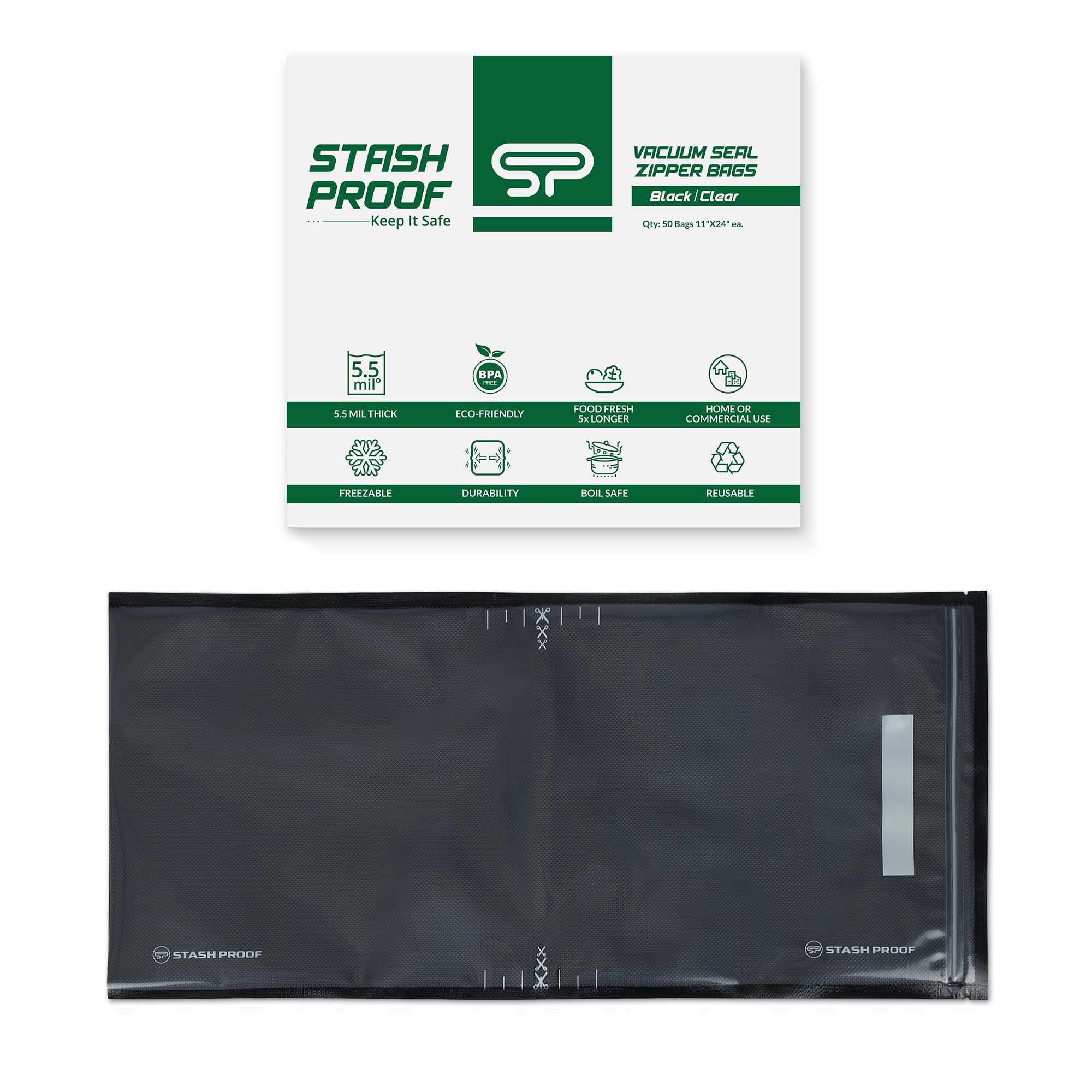 Sacchetti sottovuoto con cerniera, 27,9 x 61 cm (50 pezzi) da 5,5 ml (nero e trasparente), senza BPA, per alimenti, per conservazione, sottovuoto e preparazione dei pasti
