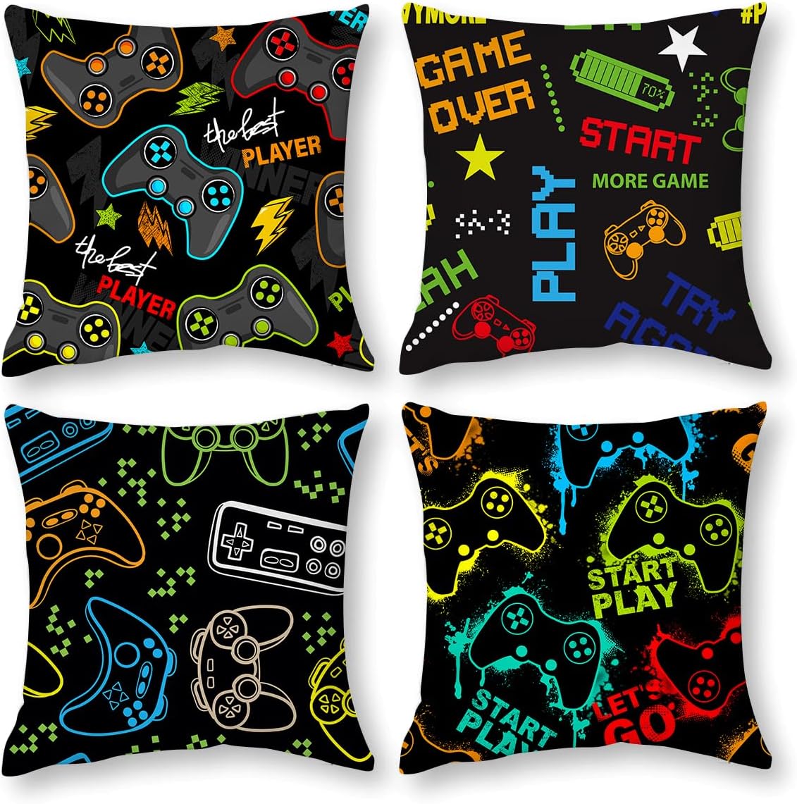 Gaming Pillow Cover Set of 4 Game Controller Throw Pillows Cases 18x18 Inch Game Room Decor Gamer Gifts Cushion Cover Black Gamer Decor for Boys Room Bedroom Couch Sofa Decorative Pillows