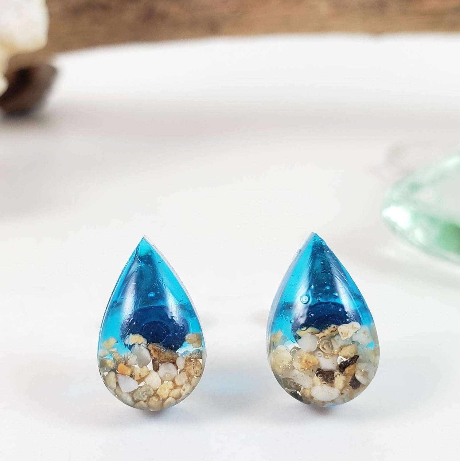 Blue water and sand teardrop stud earrings-hypoallergenic for sensitive skin, Handmade in Hawaii Beach Jewelry